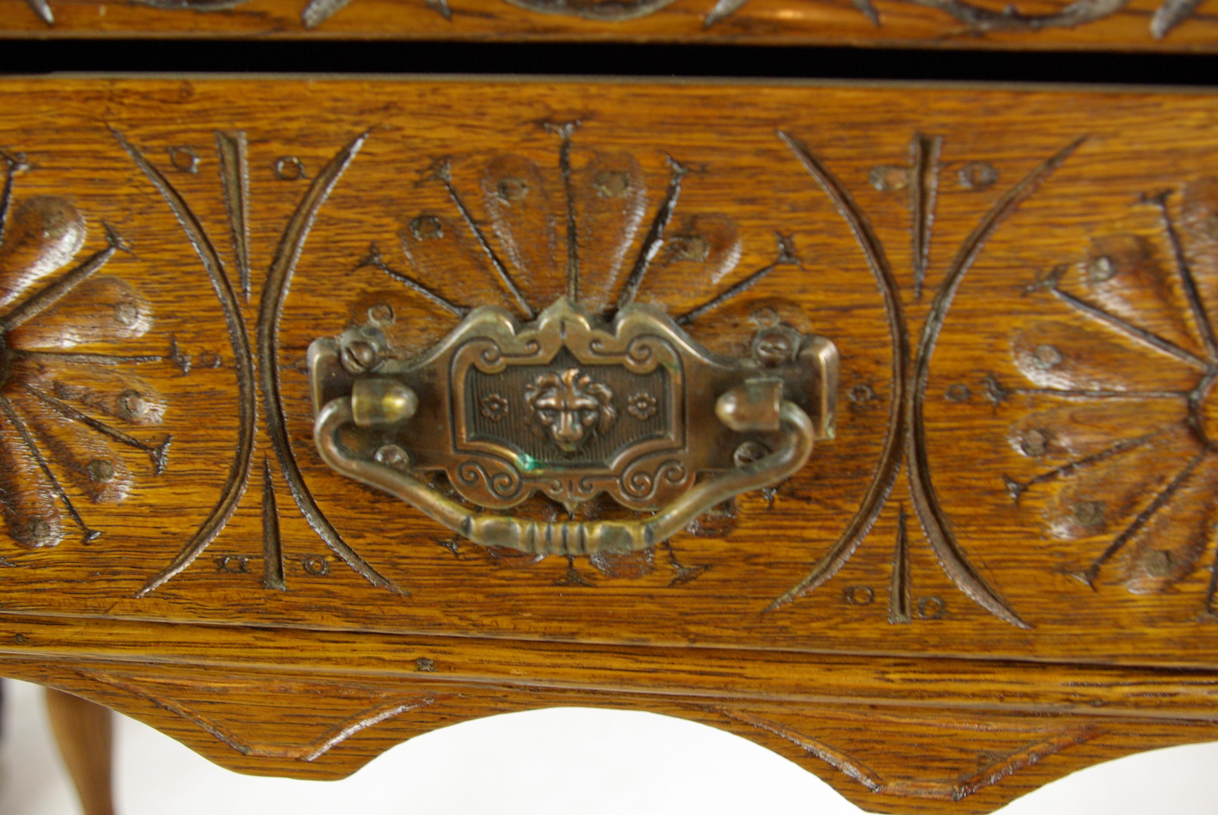 Scottish Antique Oak Table, Carved Tiger Oak Hall Table, Scotland, 1910s, H518