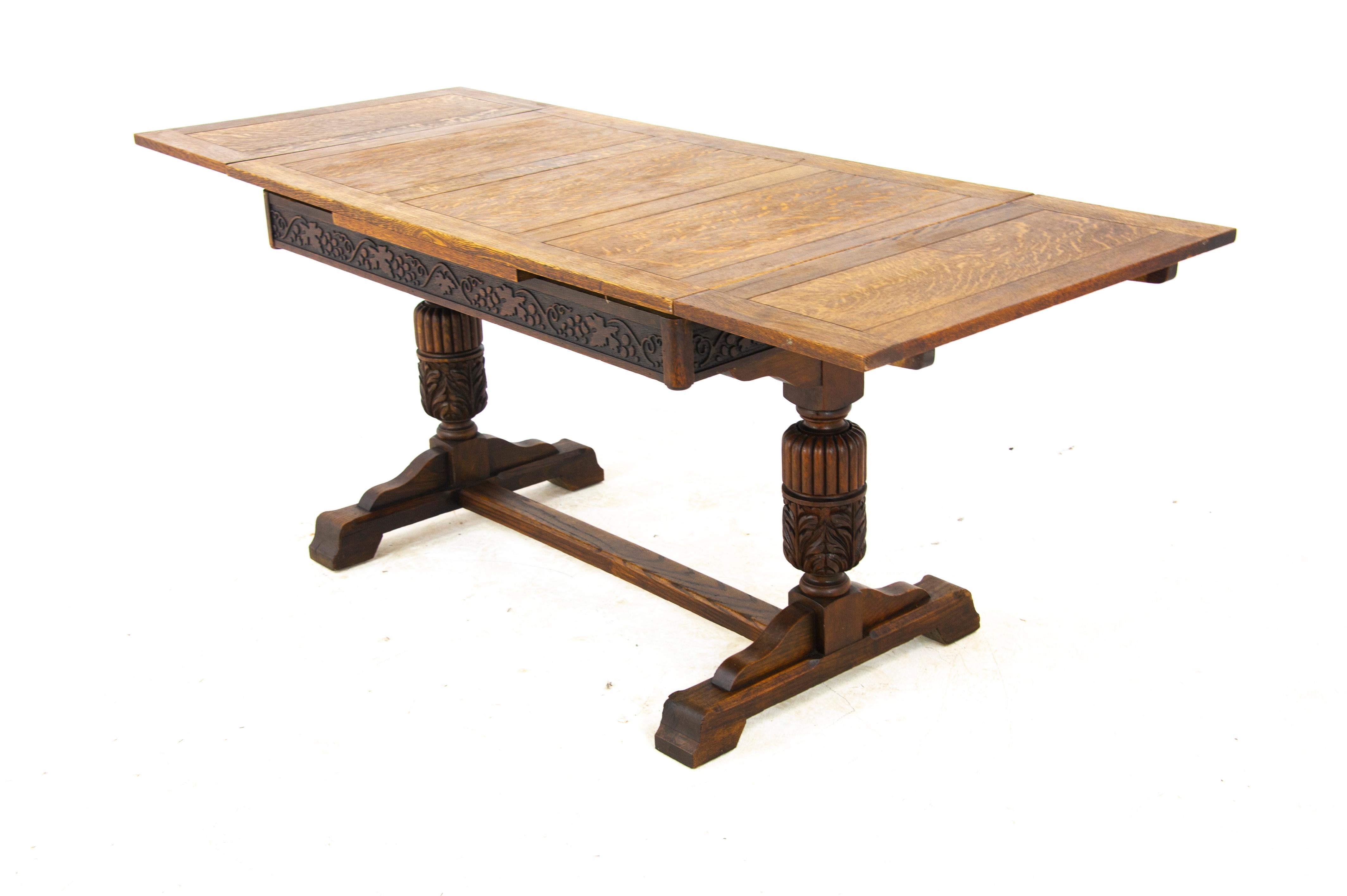 Scottish Antique Oak Table, Carved Tiger Oak Refectory Table, Scotland 1930, B1454