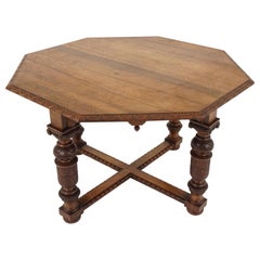 Antique Oak Table, Large Craved Octagonal Center Table, Scotland 1880, B2123