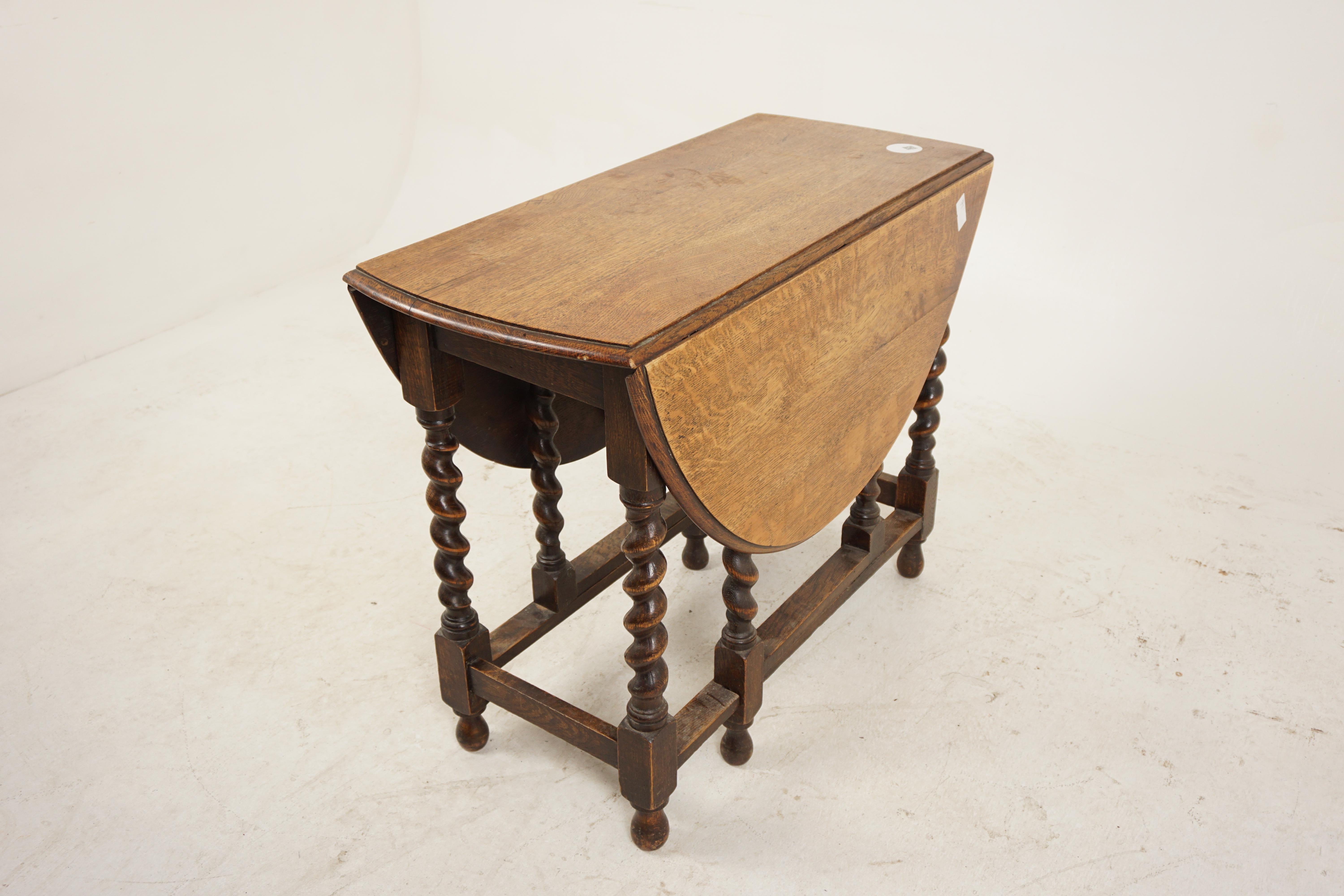 Antique Oak Table, Oak Barley Twist Gateleg, Drop Leaf Table, Antique Furniture, Scotland 1910, H1024

Scotland 1910
Solid Oak
Original Finish
Rectangular moulded top with rounded ends
Pair of drop leaves on the side
All standing on eight