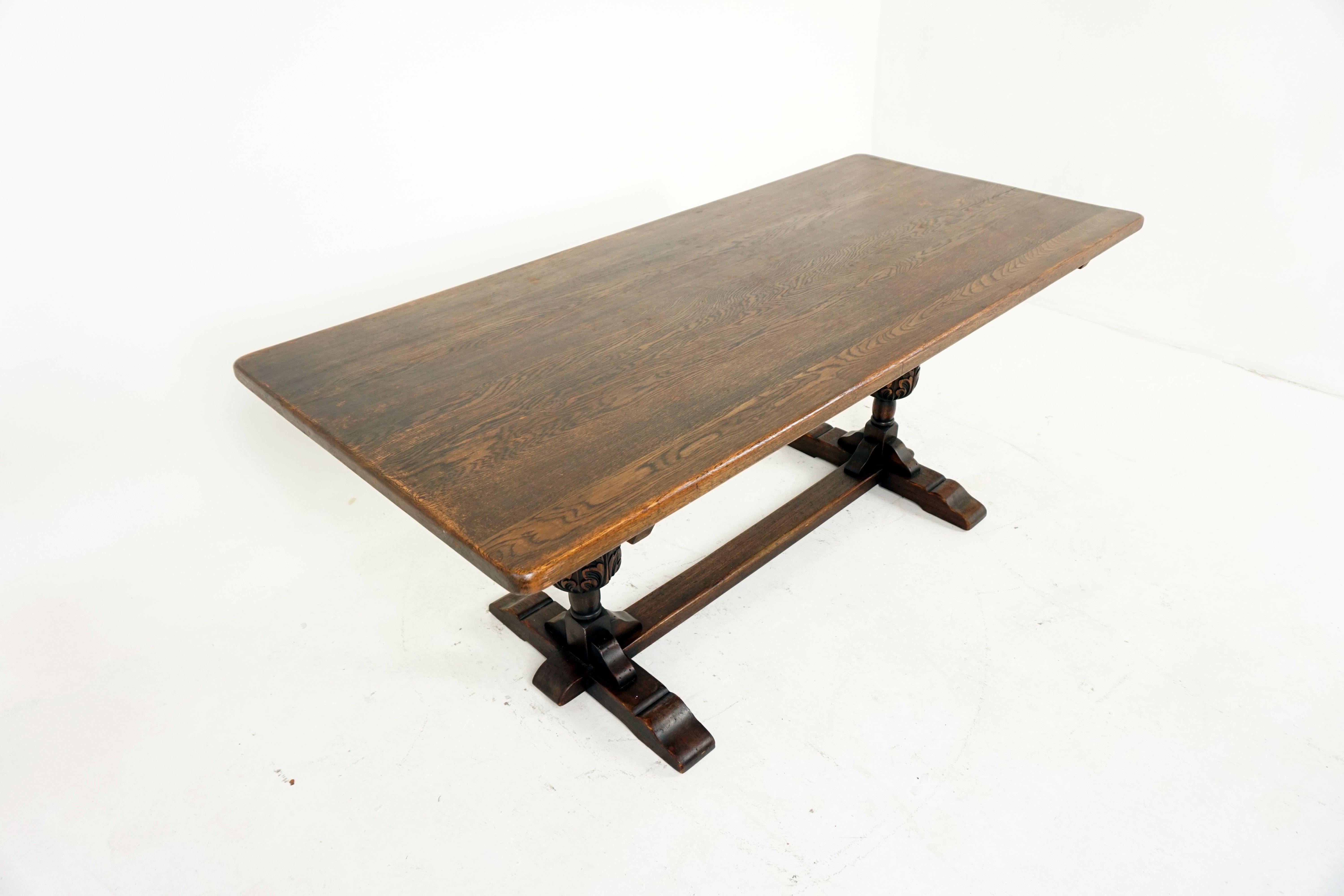 Antique oak table, refectory farmhouse dining table or kitchen table, antique furniture, Scotland, 1930

Scotland, 1930
Solid oak construction
Original finish
Solid rectangular top
All supported by two carved baluster supports
With platform
