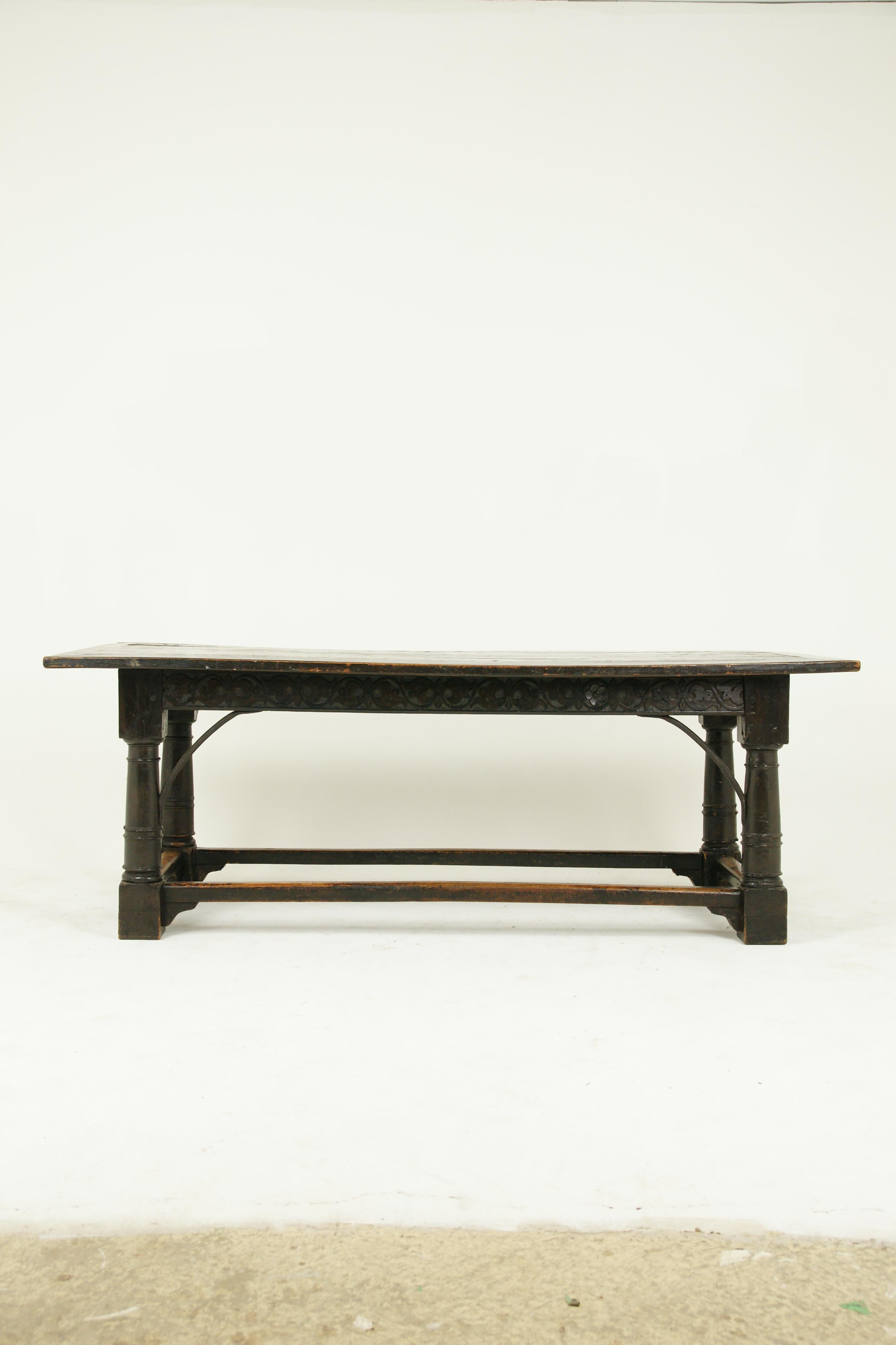 Antique Oak Table, Refectory Table, Scotland 1780, Antique Furniture, B1543

Scotland 1870-1890
Solid Oak Construction
Rectangular Top with Four Planks
Base has a Carved Frieze with Flowers 
Raised on Cannon Barrel Supports with Peripheral