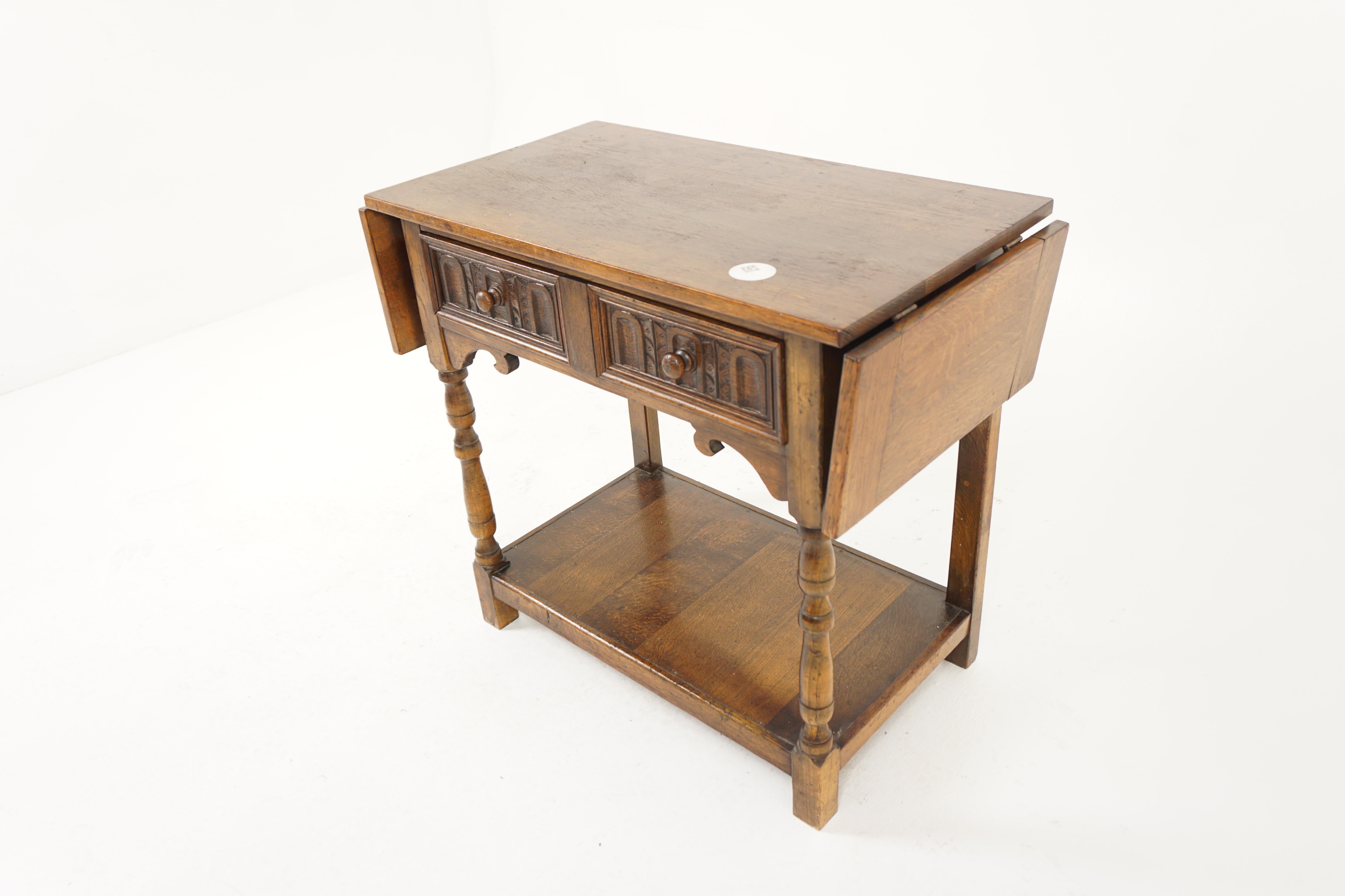 Antique Oak Table, Vintage Serving Table with Leaves, Hall Table, Server, Antique Furniture, Scotland 1930, H1053

+ Scotland 1930
+ Solid Oak
+ Original Finish
+ Rectangular moulded top
+ Pair of leaves on the side
+ With single carved drawer on