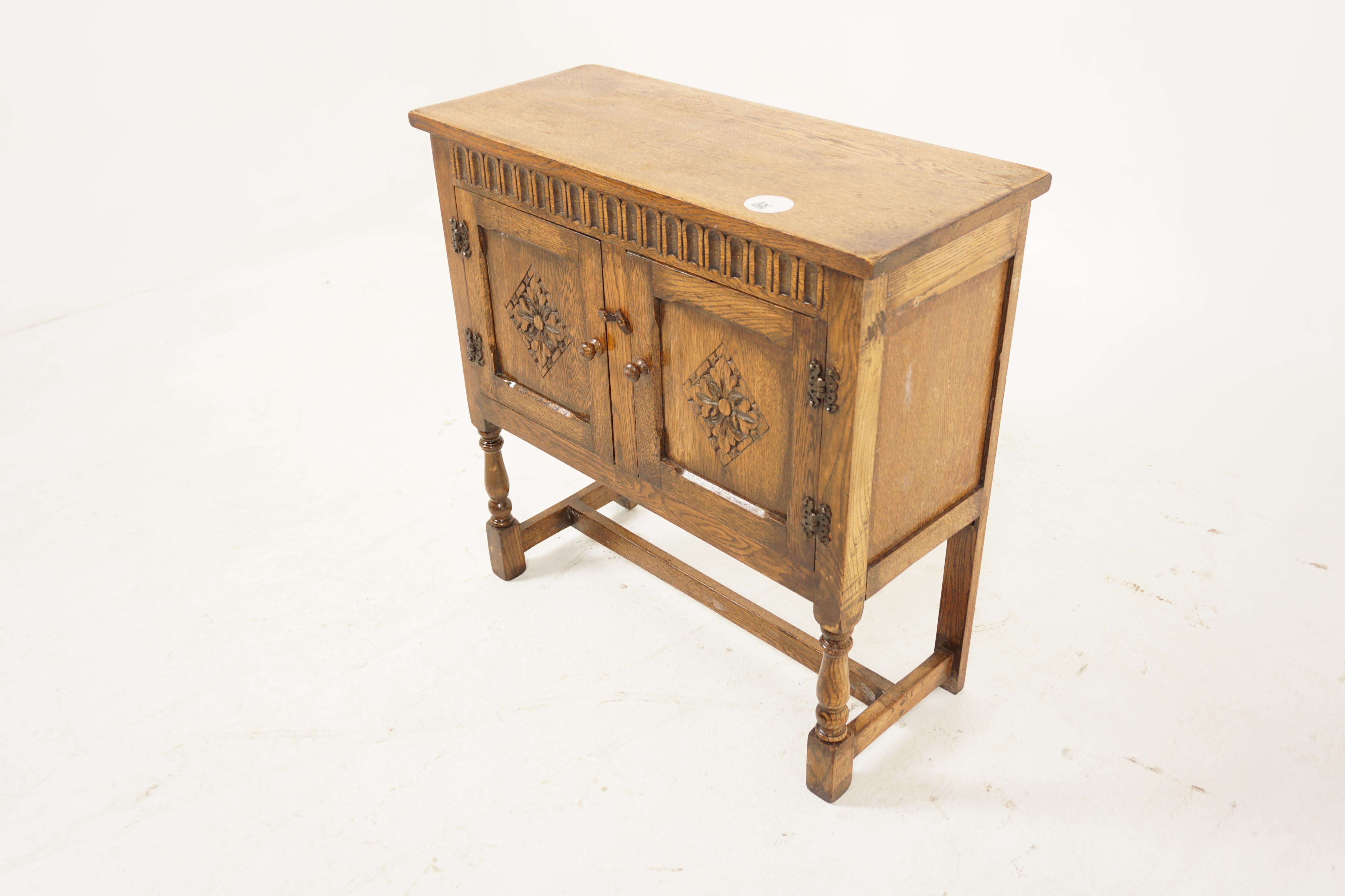 Antique Oak Table, Vintage Small Carved Oak Hall Table, Cupboard, Cabinet, Antique Furniture, Scotland 1930, H1078

+ Scotland 1930
+ Solid Oak
+ Original Finish
+ Solid oak top with carved frieze underneath 
+ Original carved paralleled doors with