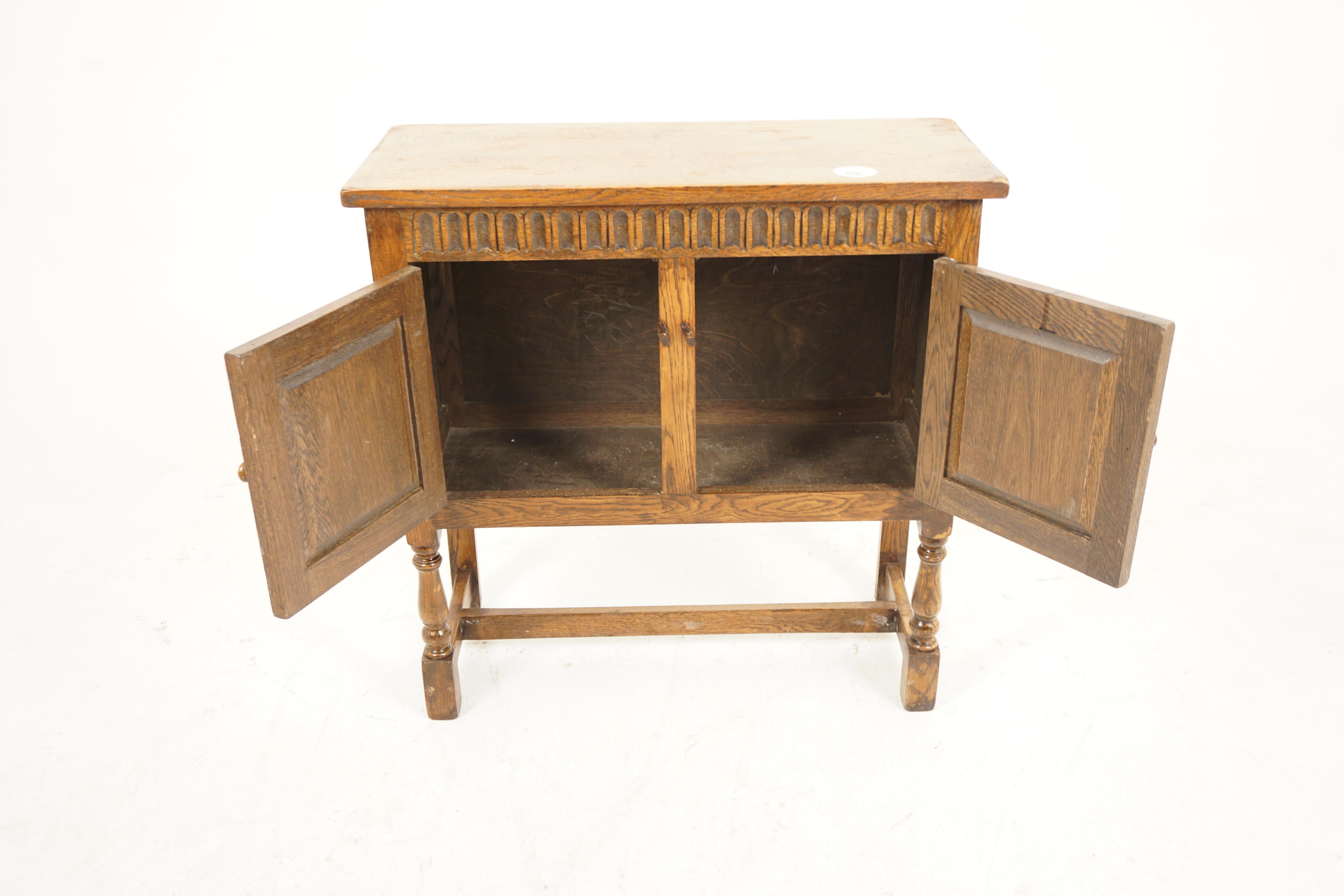 Hand-Crafted Antique Oak Table, Vintage Small Carved Oak Cupboard, Scotland 1930, H1079