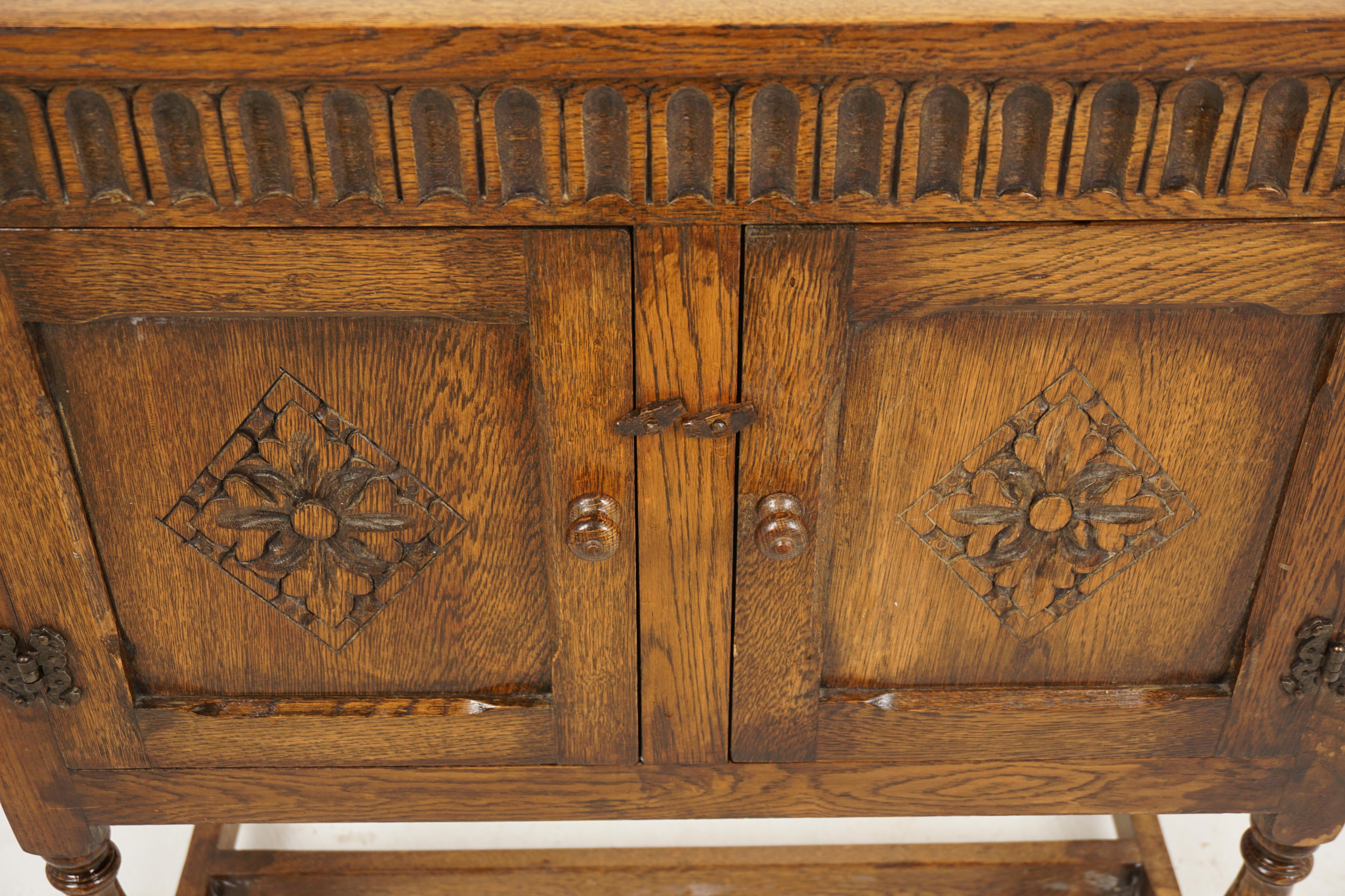 Mid-20th Century Antique Oak Table, Vintage Small Carved Oak Cupboard, Scotland 1930, H1079