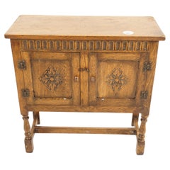 Antique Oak Table, Vintage Small Carved Oak Cupboard, Scotland 1930, H1079