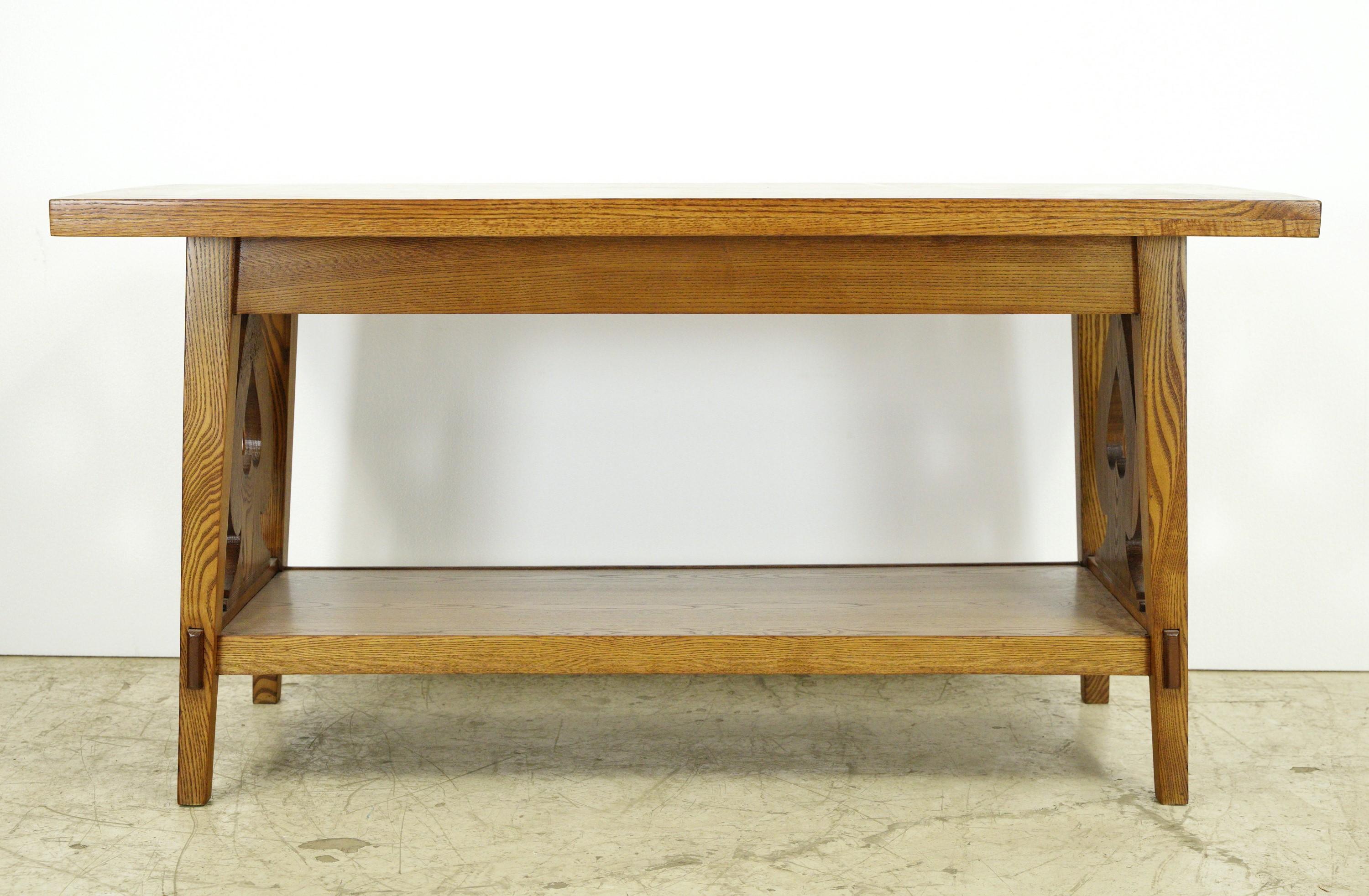 20th Century Antique Oak Table w Shelf + Spade Carvings  For Sale
