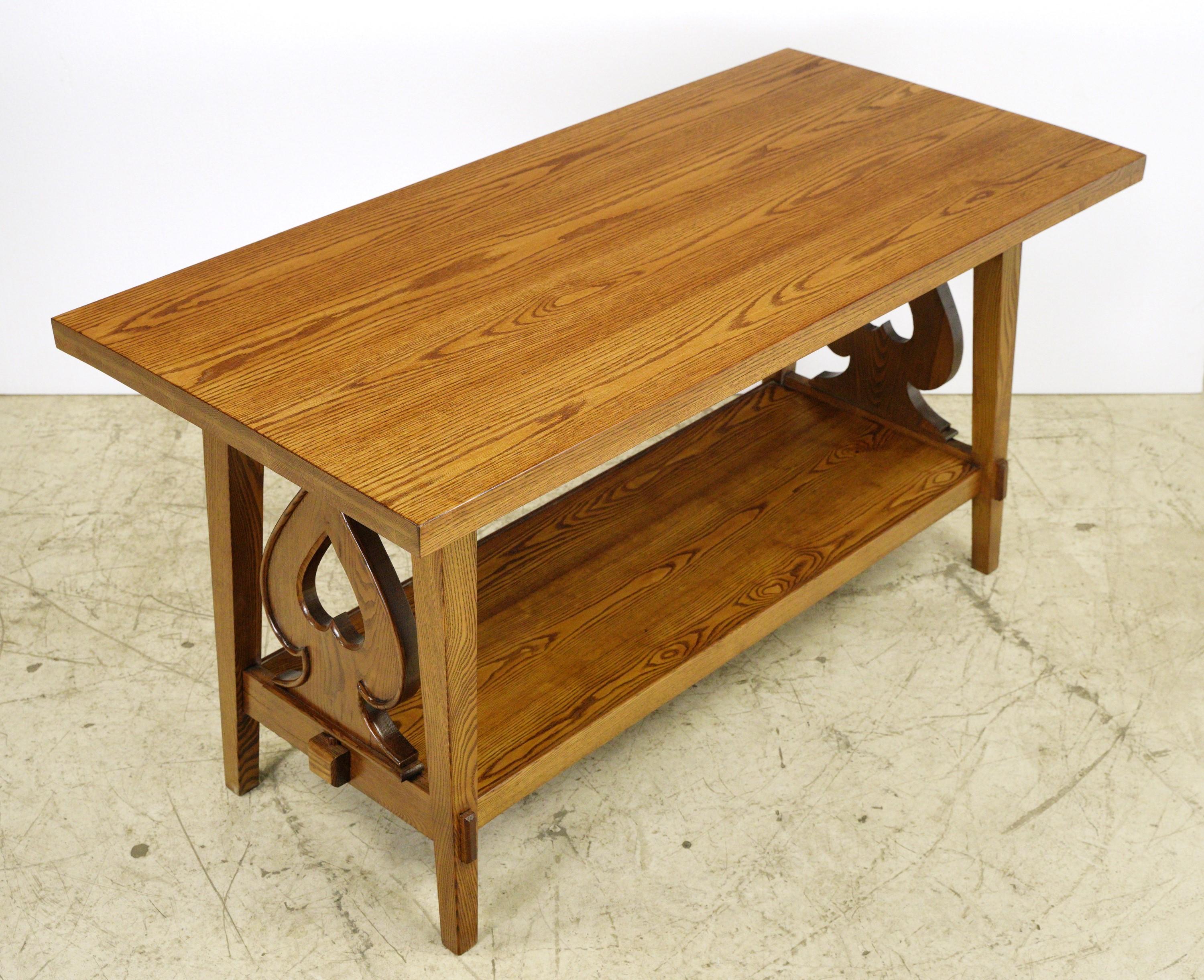 Antique Oak Table w Shelf + Spade Carvings  For Sale 1