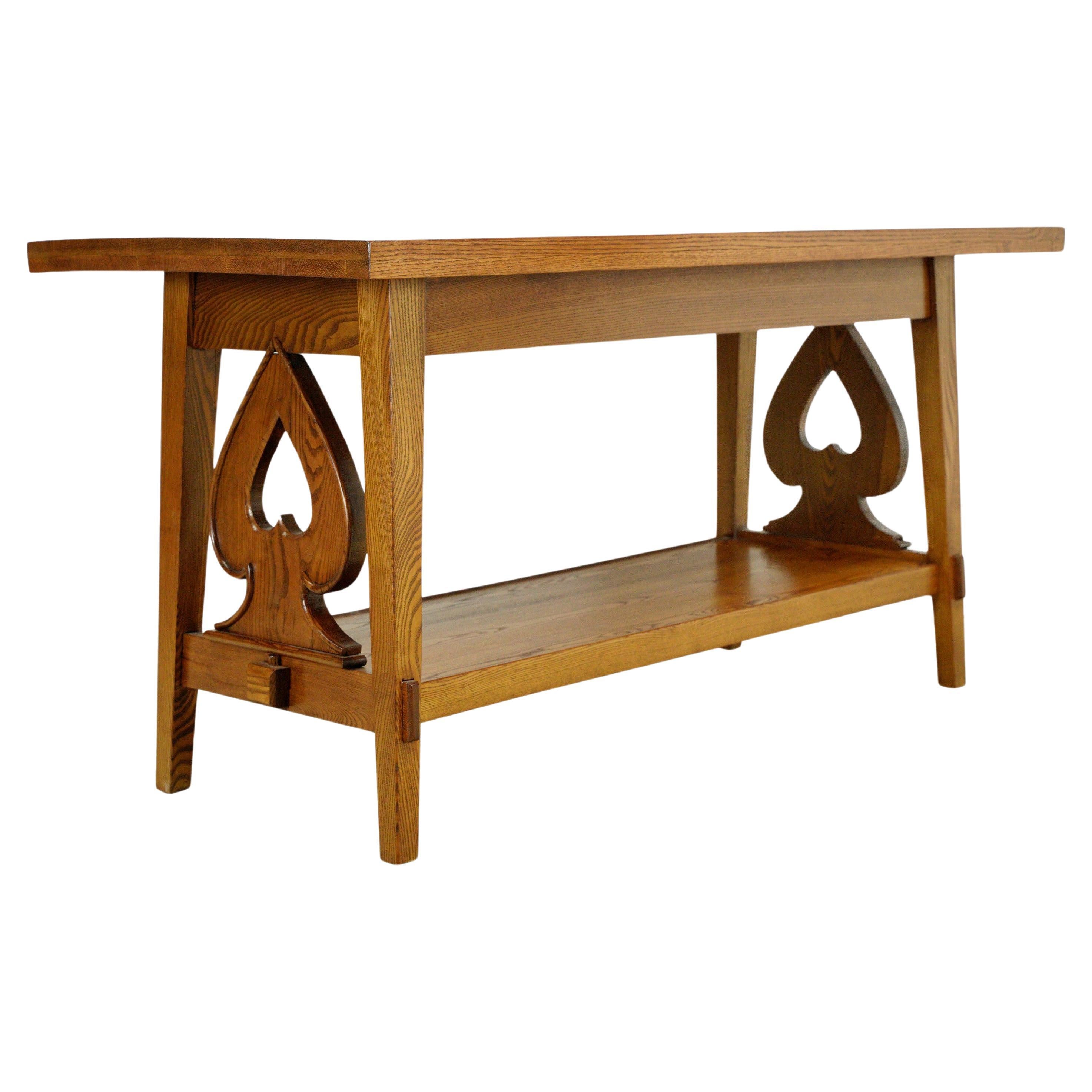 Antique Oak Table w Shelf + Spade Carvings  For Sale