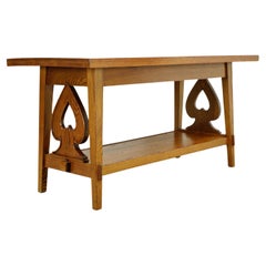 Used Oak Table w Shelf + Spade Carvings 