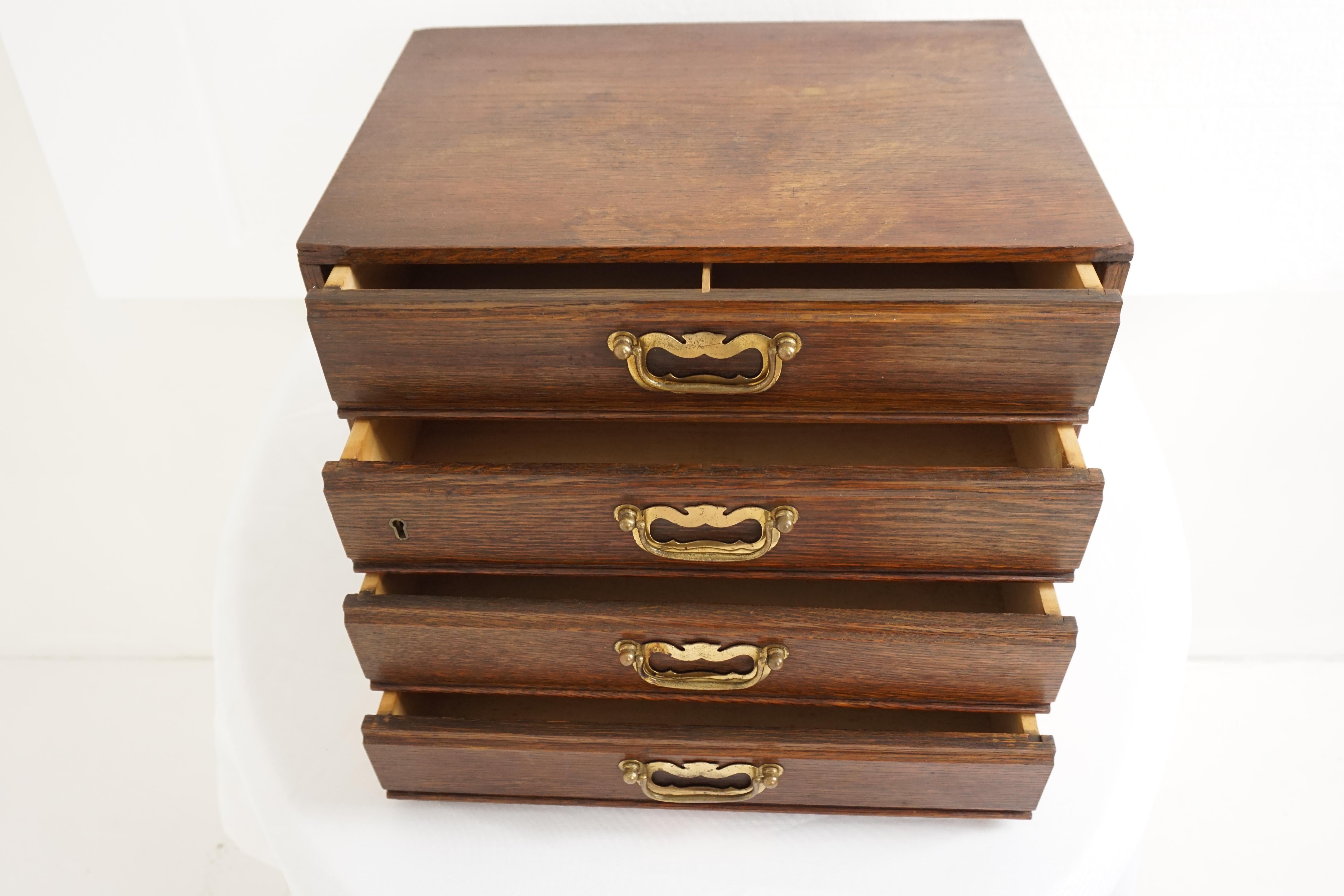 Antique tabletop 4-drawer file cabinet, Scotland, 1910

Scotland, 1910
Solid oak
Original finish
Rectangular top
Below are four drawers
Original brass hardware
Nice condition
Rich patina

$275

B1893

Measures: 15.5