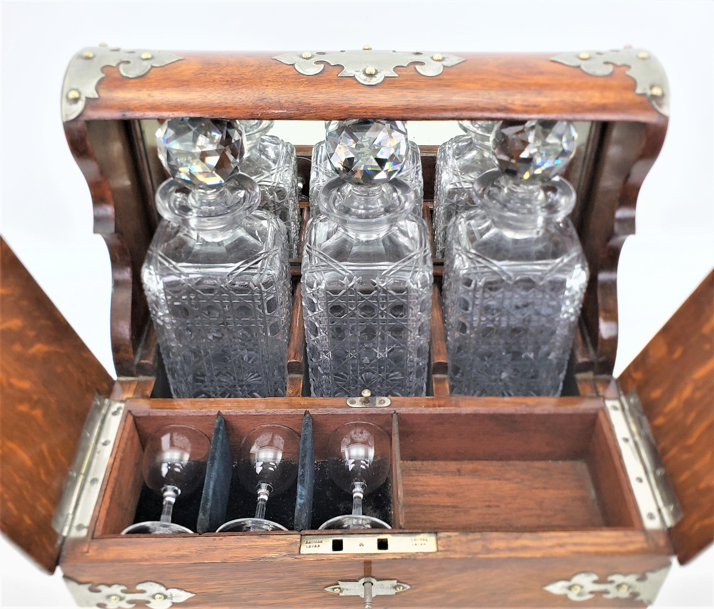 19th Century Antique Oak Tantalus with Ornate Silver Plated Mounts & Games Compendium Set