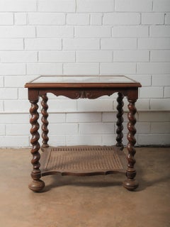 Antique Oak Tile-Top Side Table With Nautical Scene and Barley Twist Legs
