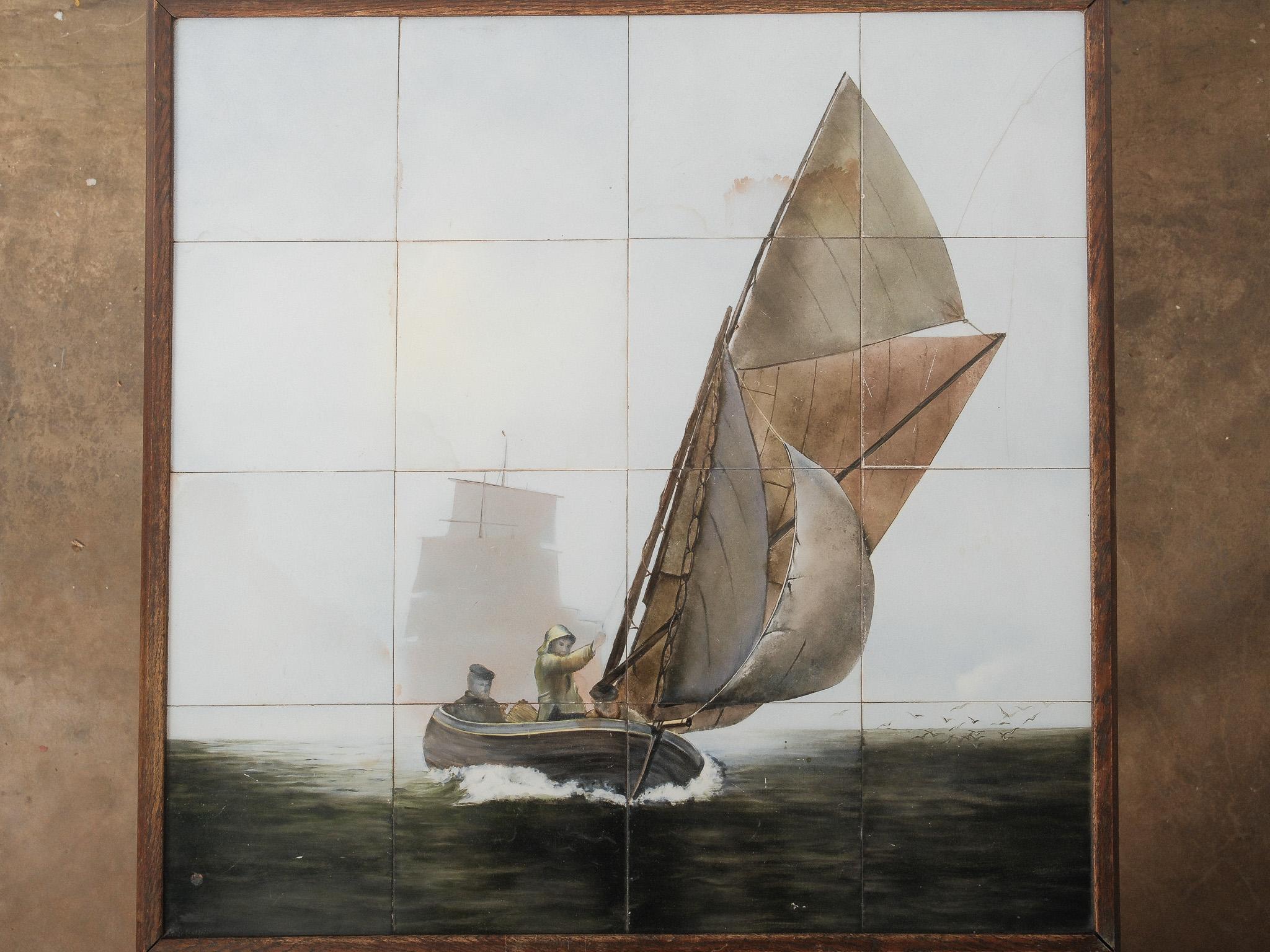 Table d'appoint en chêne ancien à plateau carrelé avec scène nautique et pieds torsadés en orge en vente 1