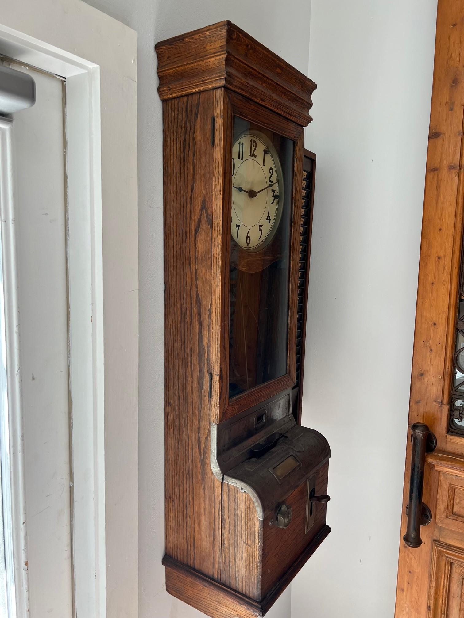Antique Oak Time Recorder, Wall Punch Clock with Worker Time Card Rack      1