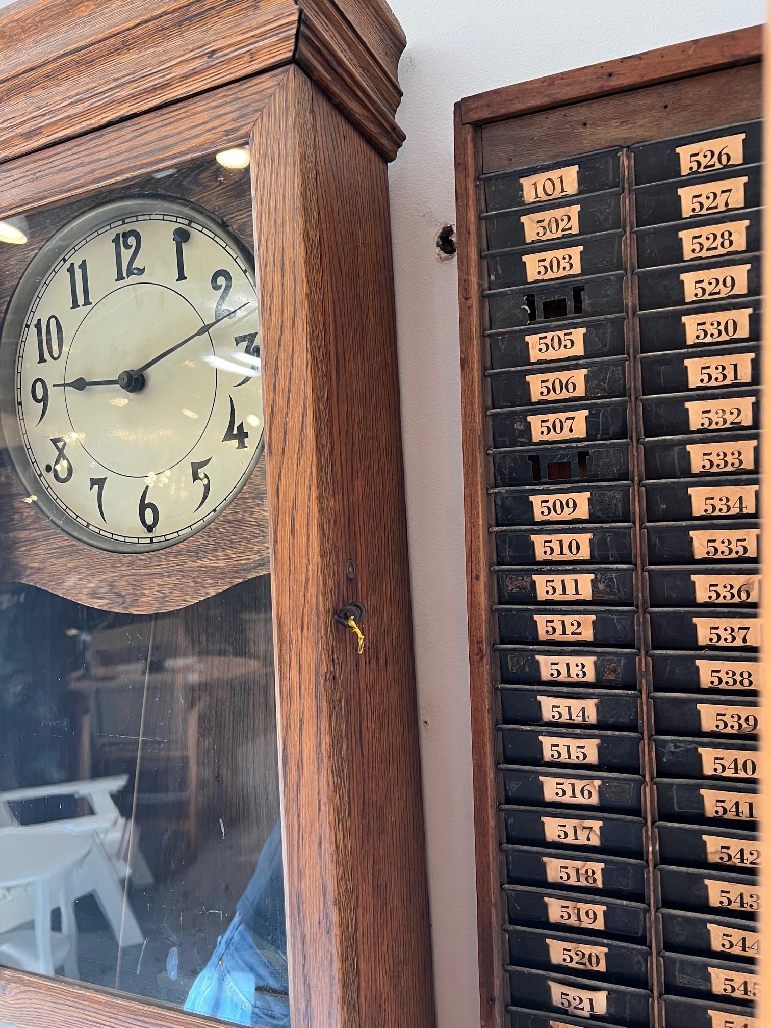 Antique Oak Time Recorder, Wall Punch Clock with Worker Time Card Rack      11