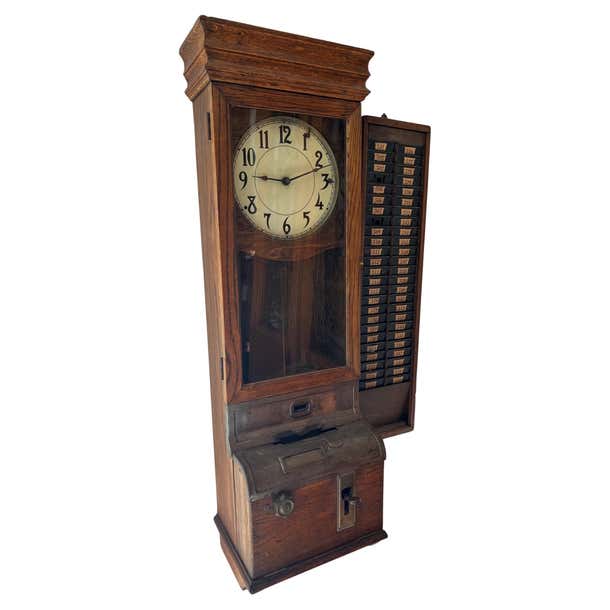 Antique Oak Time Recorder, Wall Punch Clock with Worker Time Card Rack ...