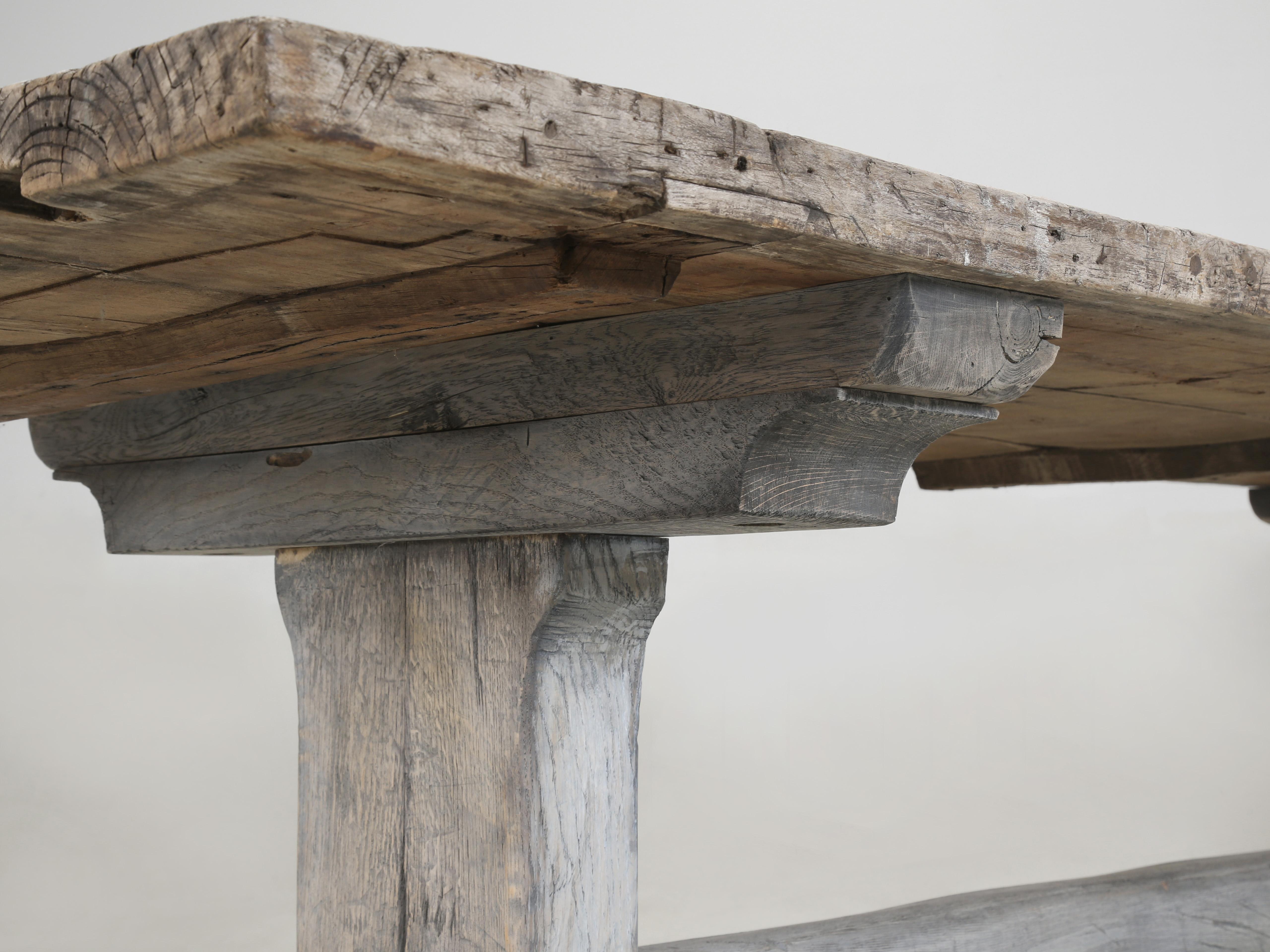 Antique Oak Trestle Dining Room or Kitchen Table Original Very Rustic Finish For Sale 3