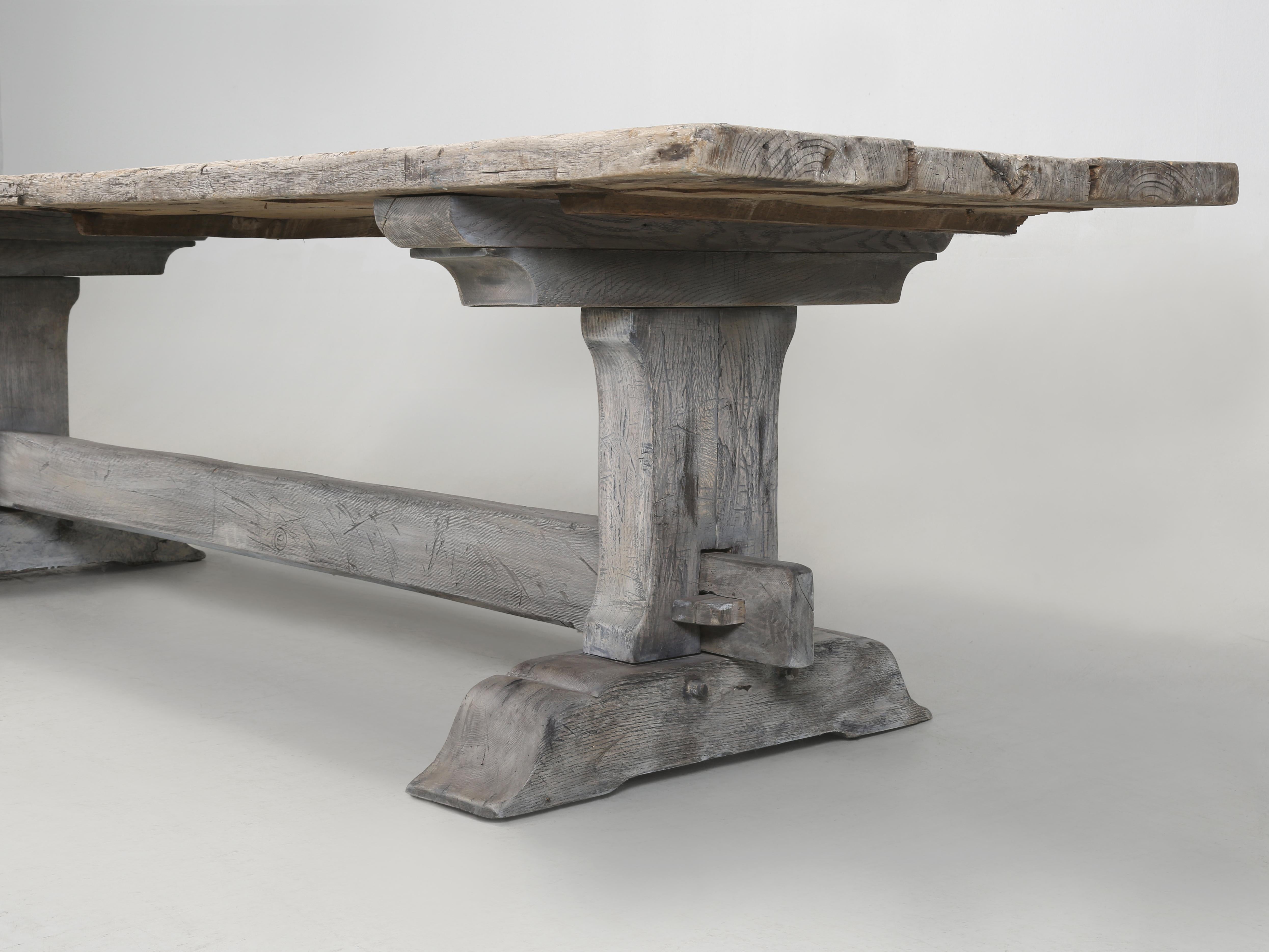 Antique Oak Trestle Dining Room or Kitchen Table Original Very Rustic Finish For Sale 4