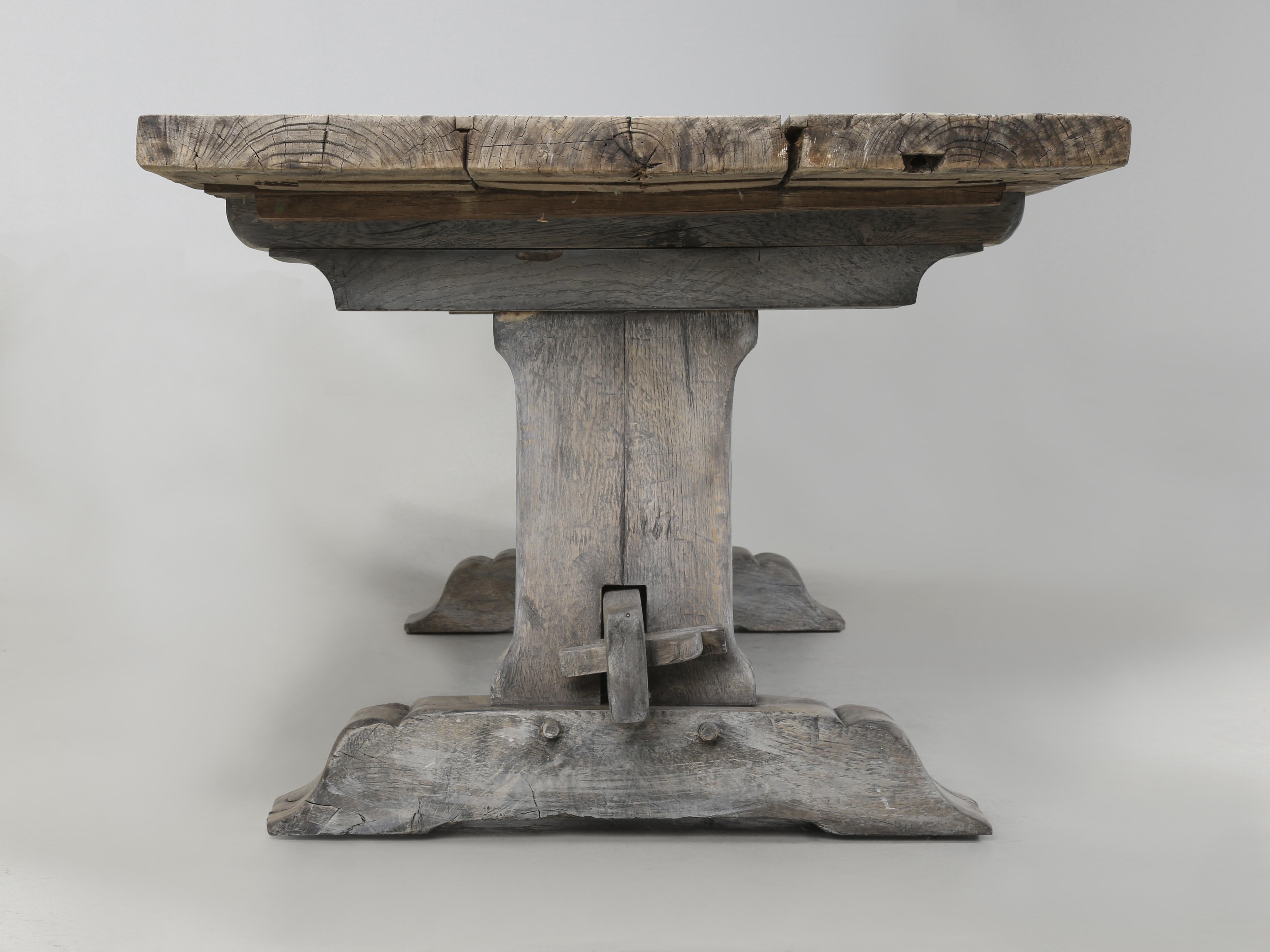 Antique Oak Trestle Dining Room or Kitchen Table Original Very Rustic Finish For Sale 5