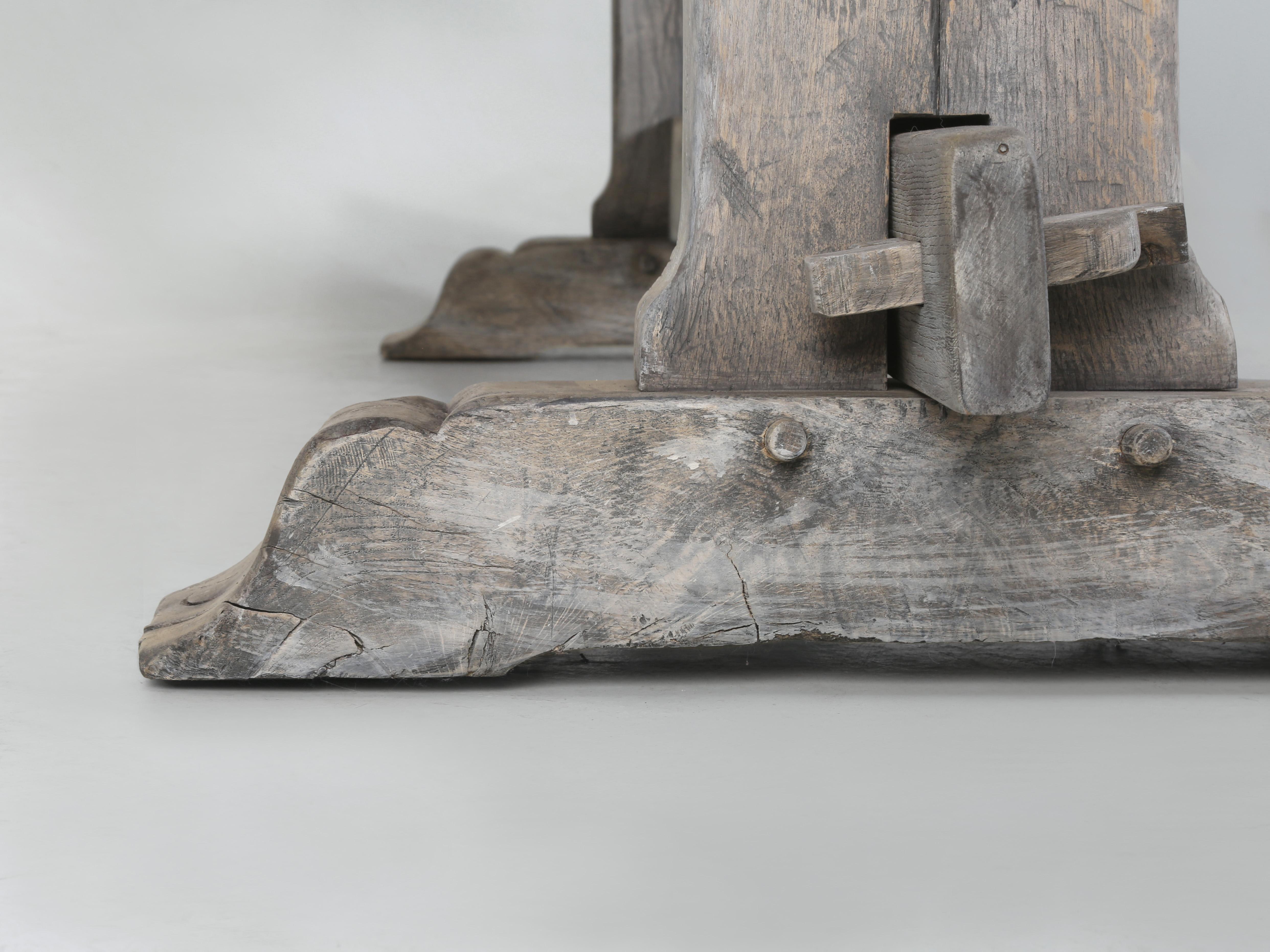 Antique Oak Trestle Dining Room or Kitchen Table Original Very Rustic Finish For Sale 7