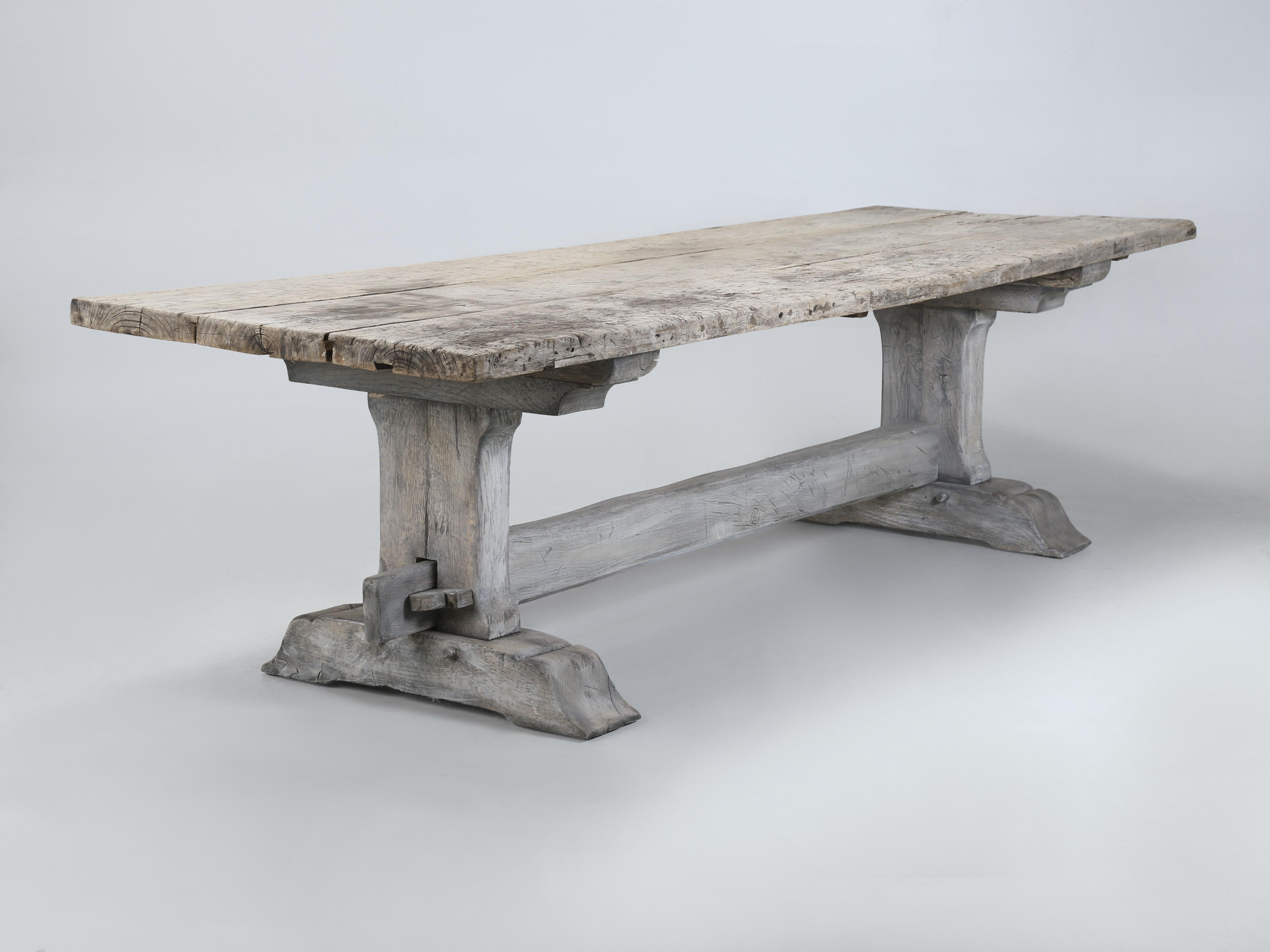 Country Antique Oak Trestle Dining Room or Kitchen Table Original Very Rustic Finish For Sale