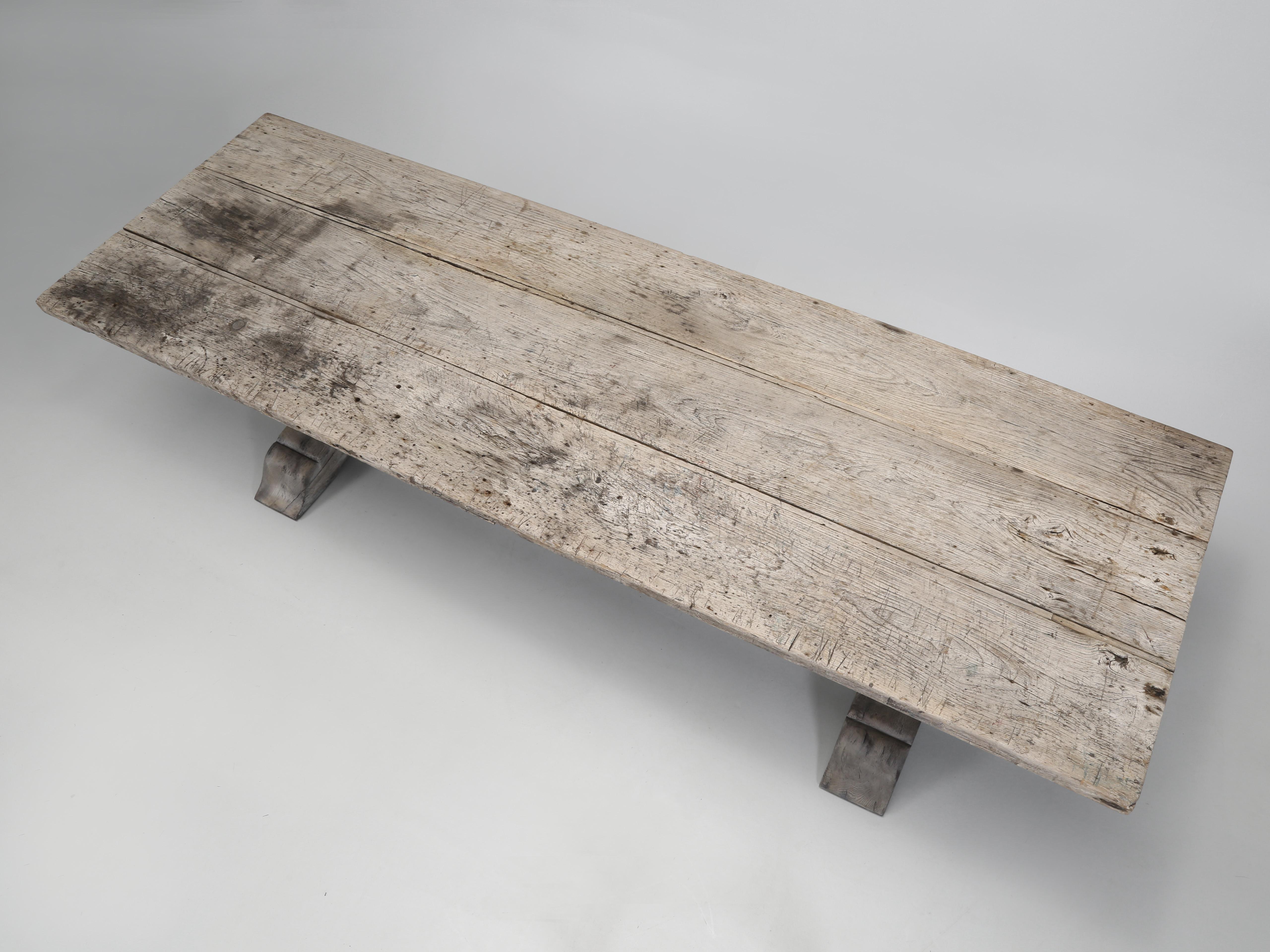 European Antique Oak Trestle Dining Room or Kitchen Table Original Very Rustic Finish For Sale