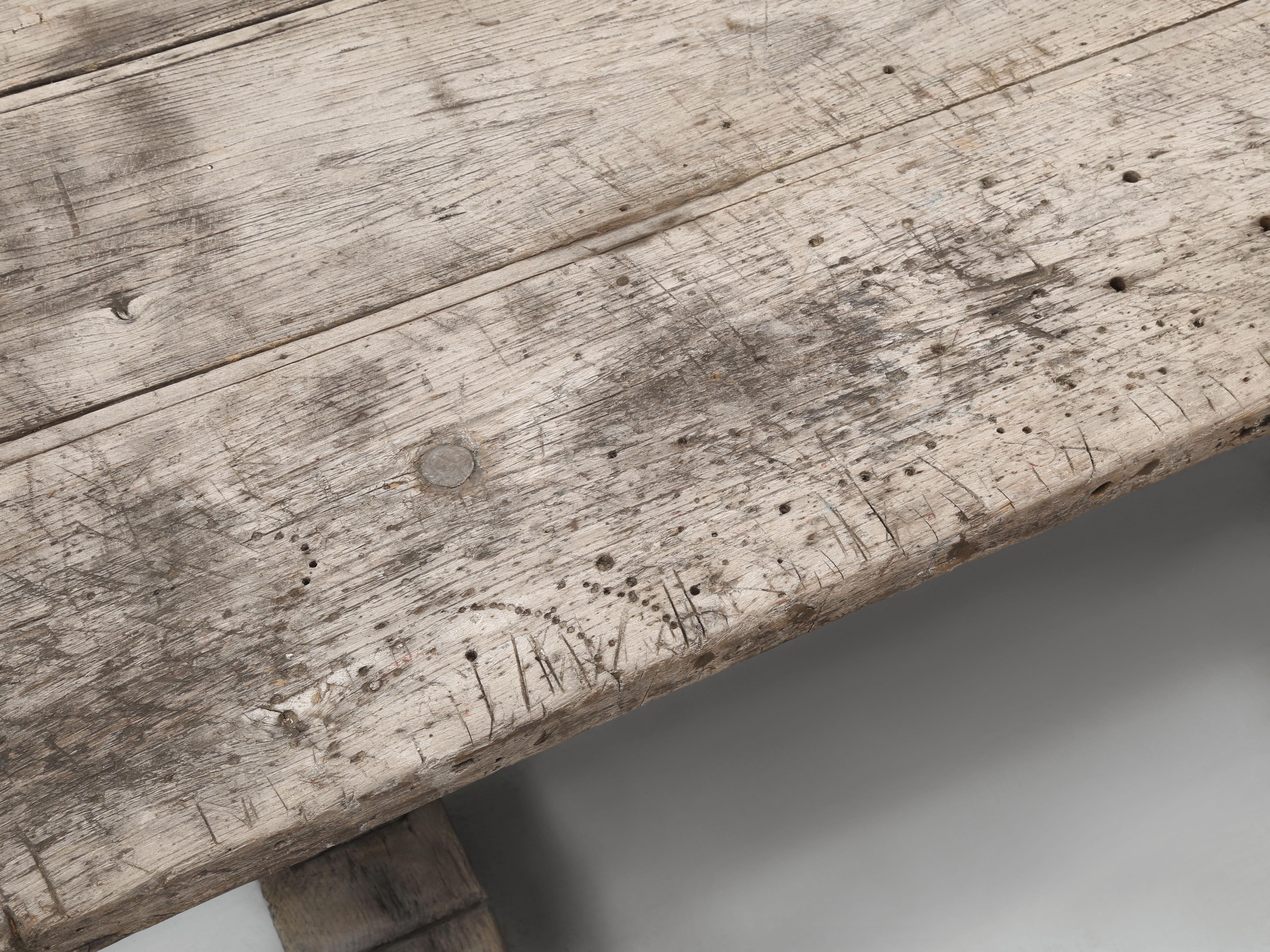 Early 20th Century Antique Oak Trestle Dining Room or Kitchen Table Original Very Rustic Finish For Sale