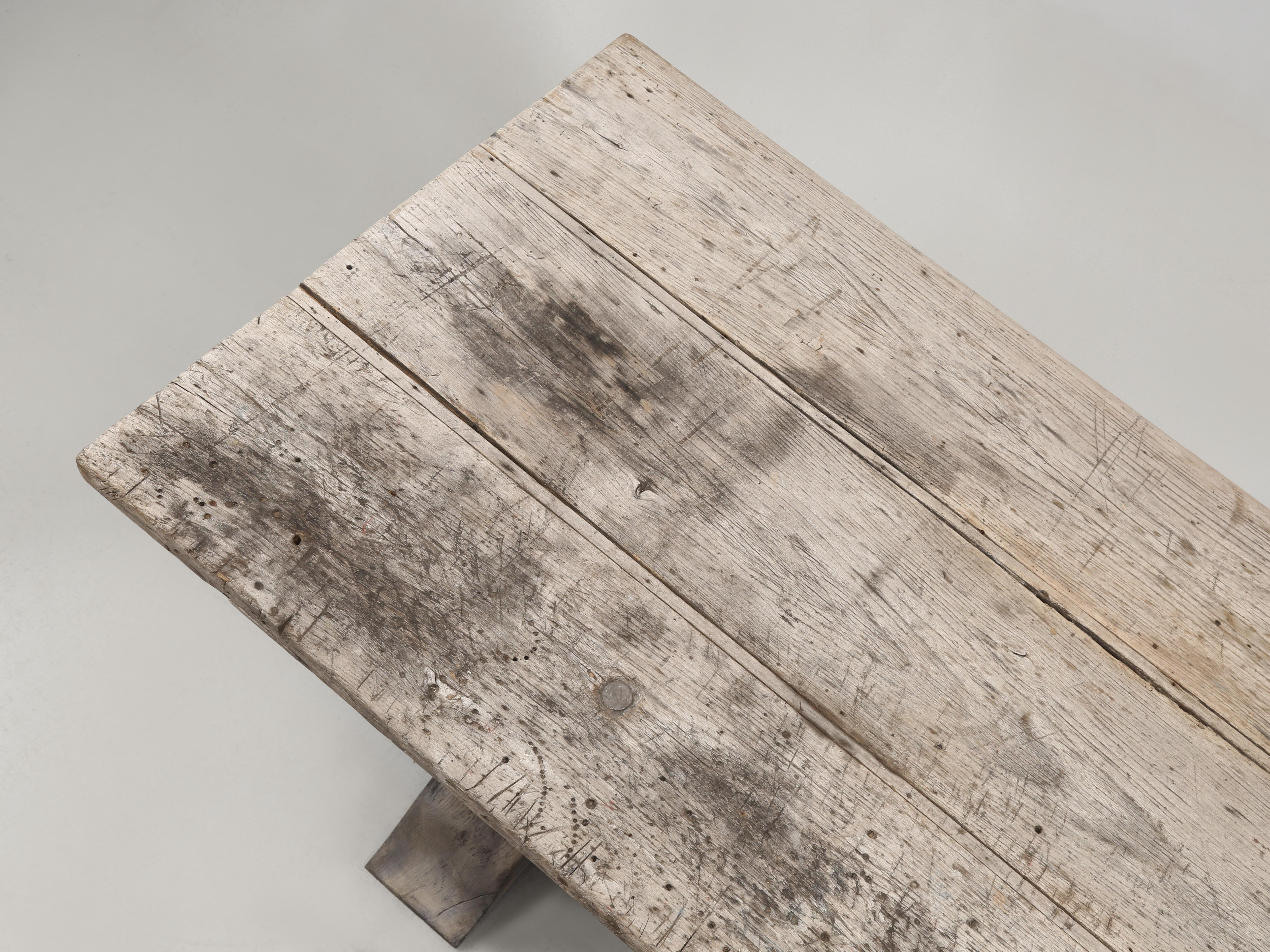 Antique Oak Trestle Dining Room or Kitchen Table Original Very Rustic Finish For Sale 1