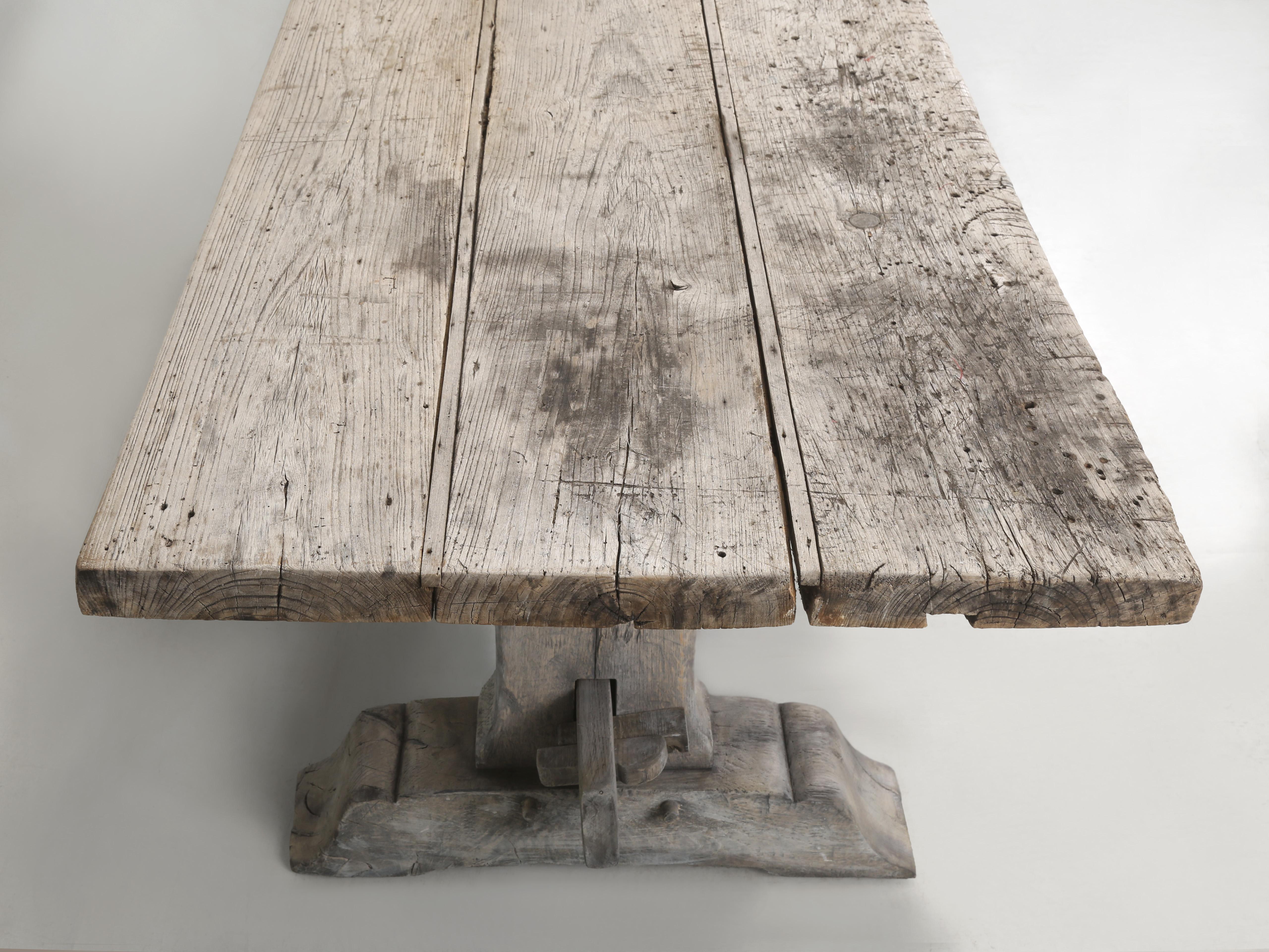 Antique Oak Trestle Dining Room or Kitchen Table Original Very Rustic Finish For Sale 2