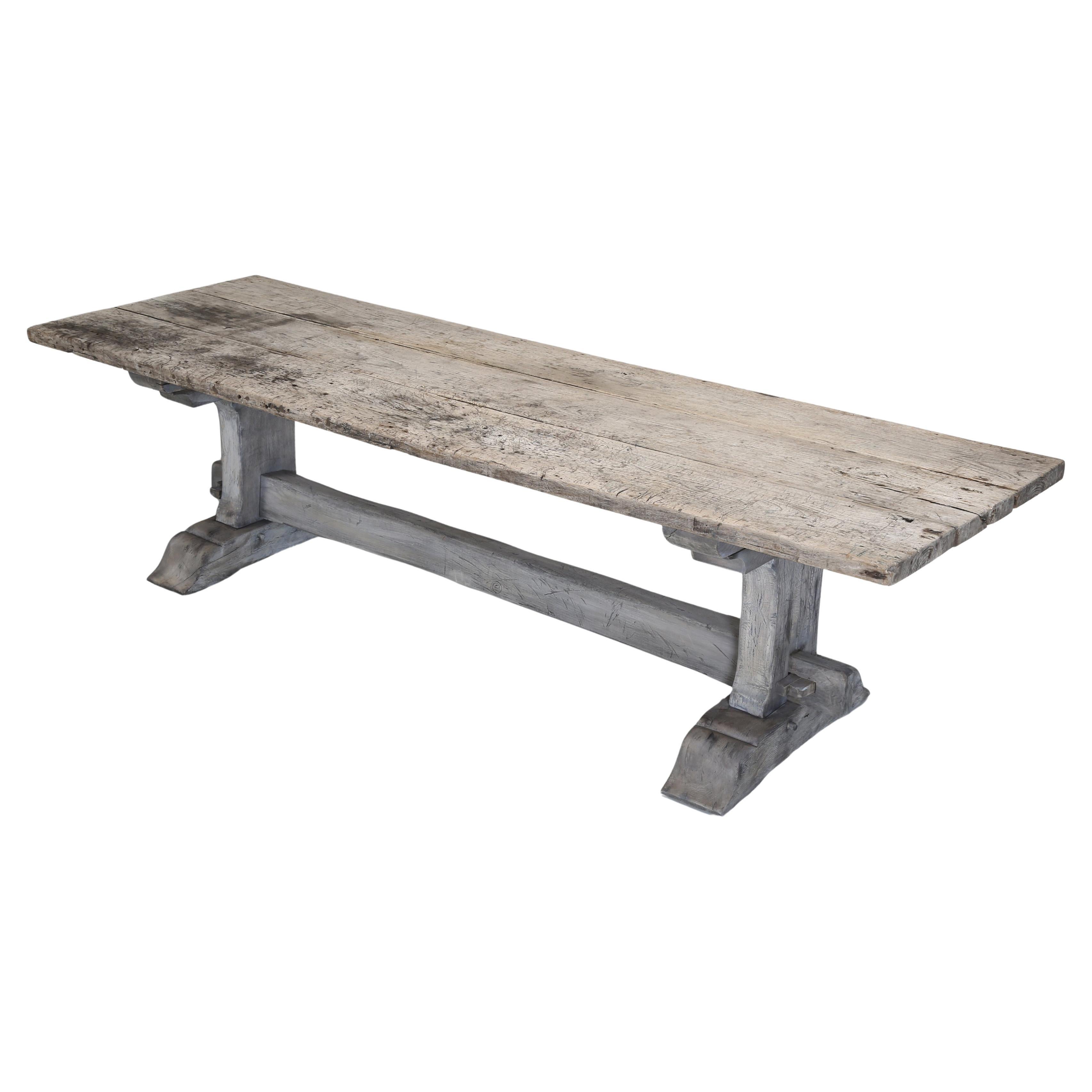Antique Oak Trestle Dining Room or Kitchen Table Original Very Rustic Finish For Sale