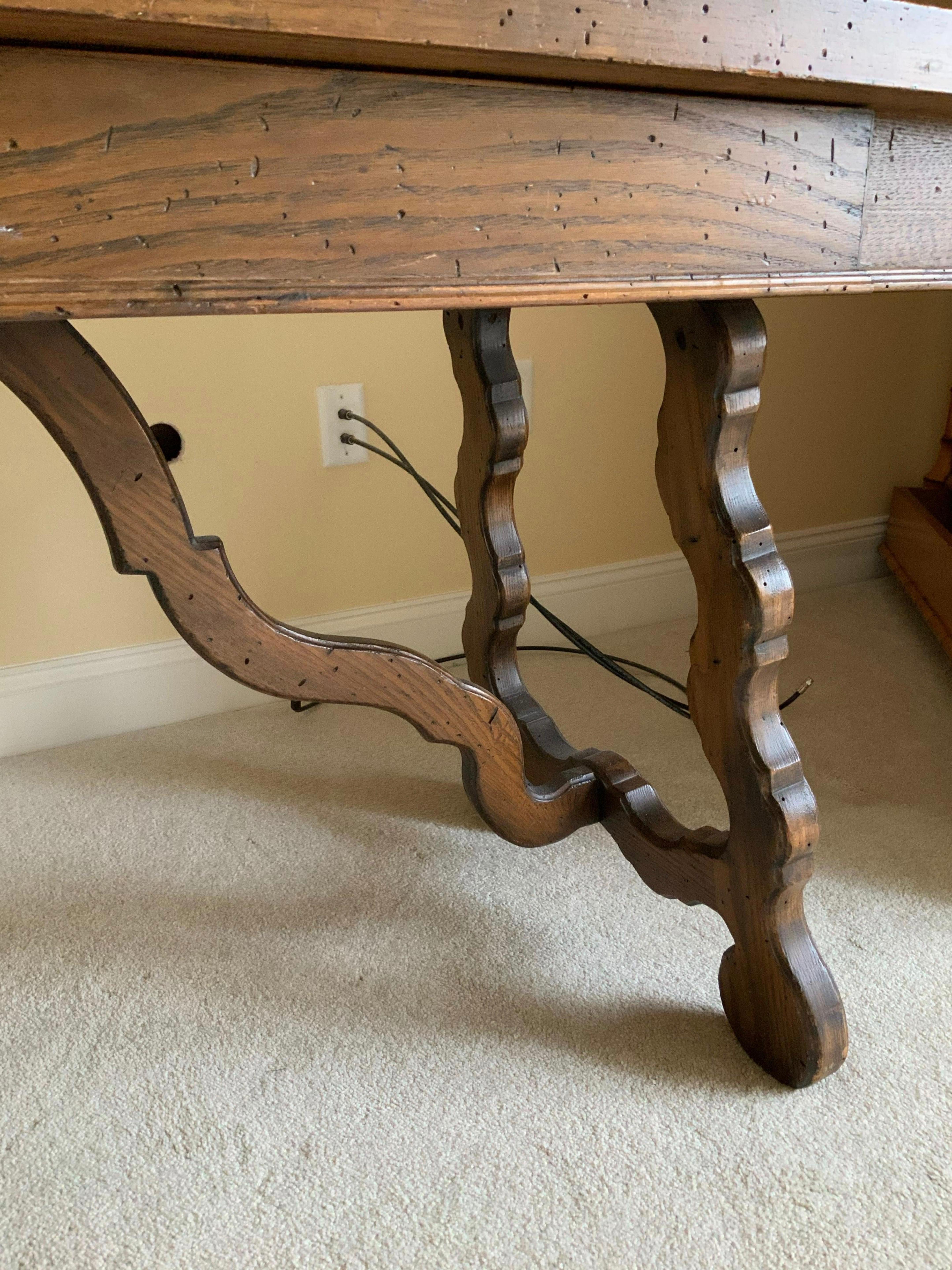 Antique Oak Trestle Style Desk Table In Good Condition In Sheffield, MA