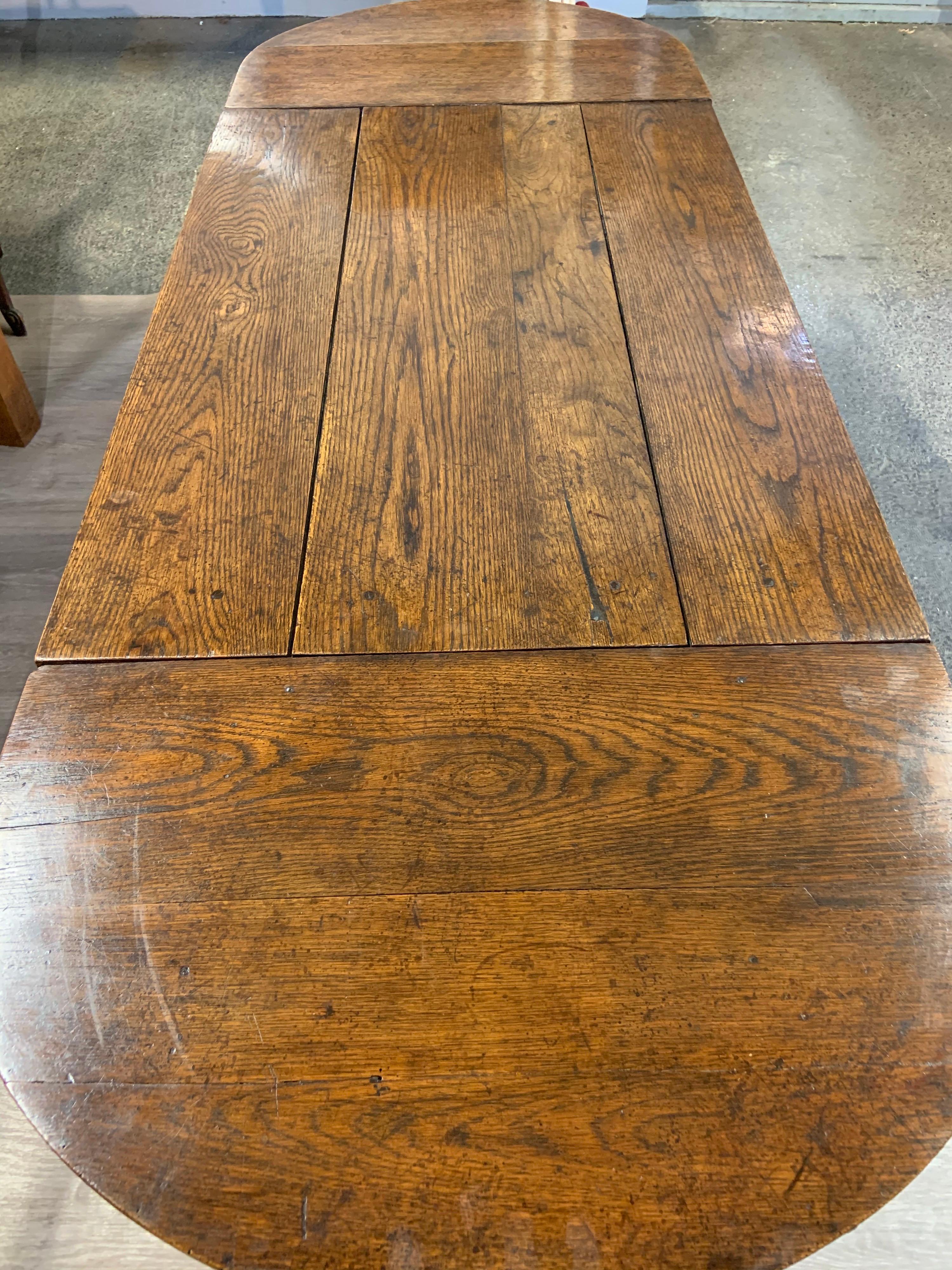 Country Antique Oak Trestle Table with Two Half Moon Leaves