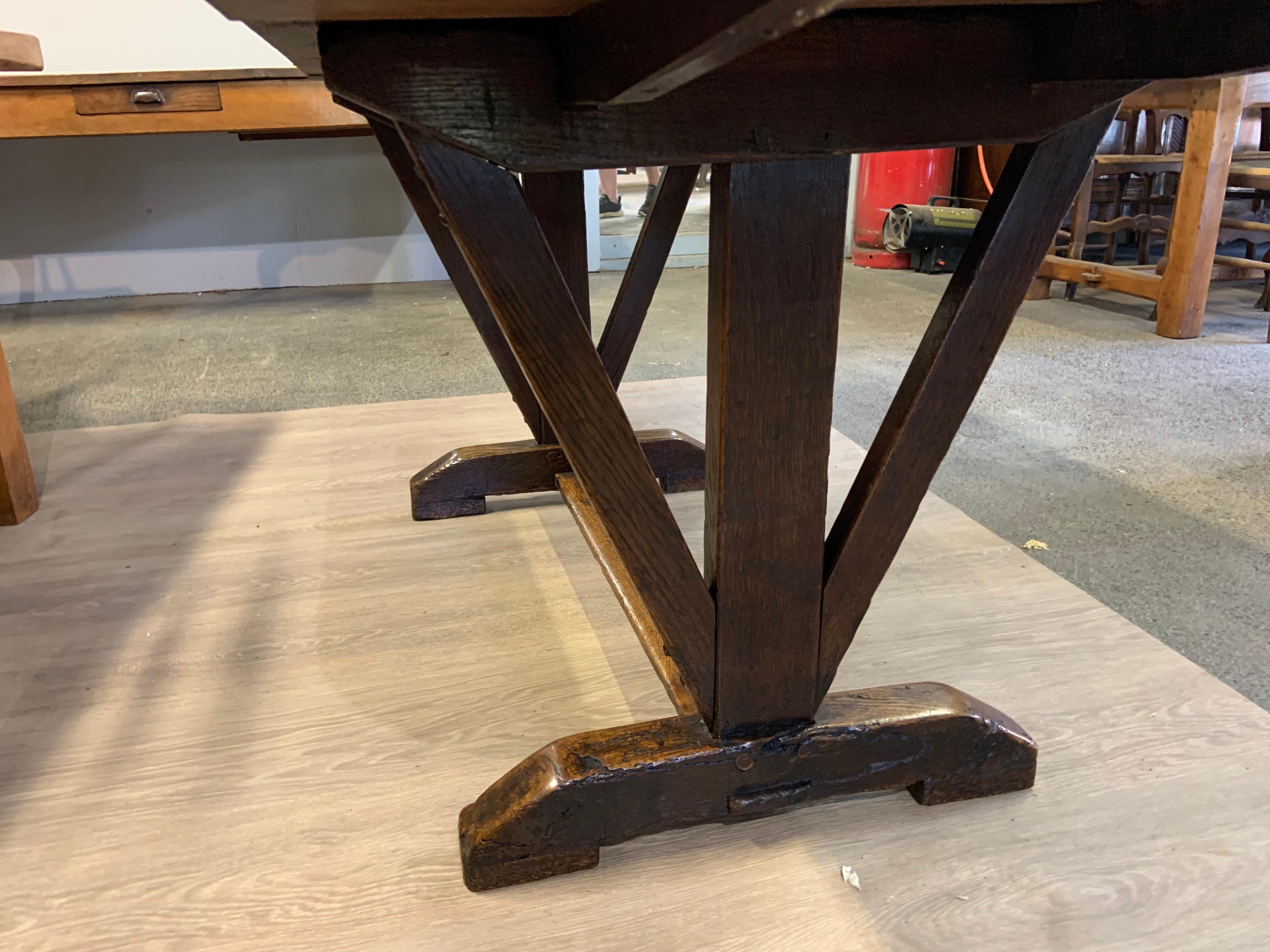 Hand-Crafted Antique Oak Trestle Table with Two Half Moon Leaves
