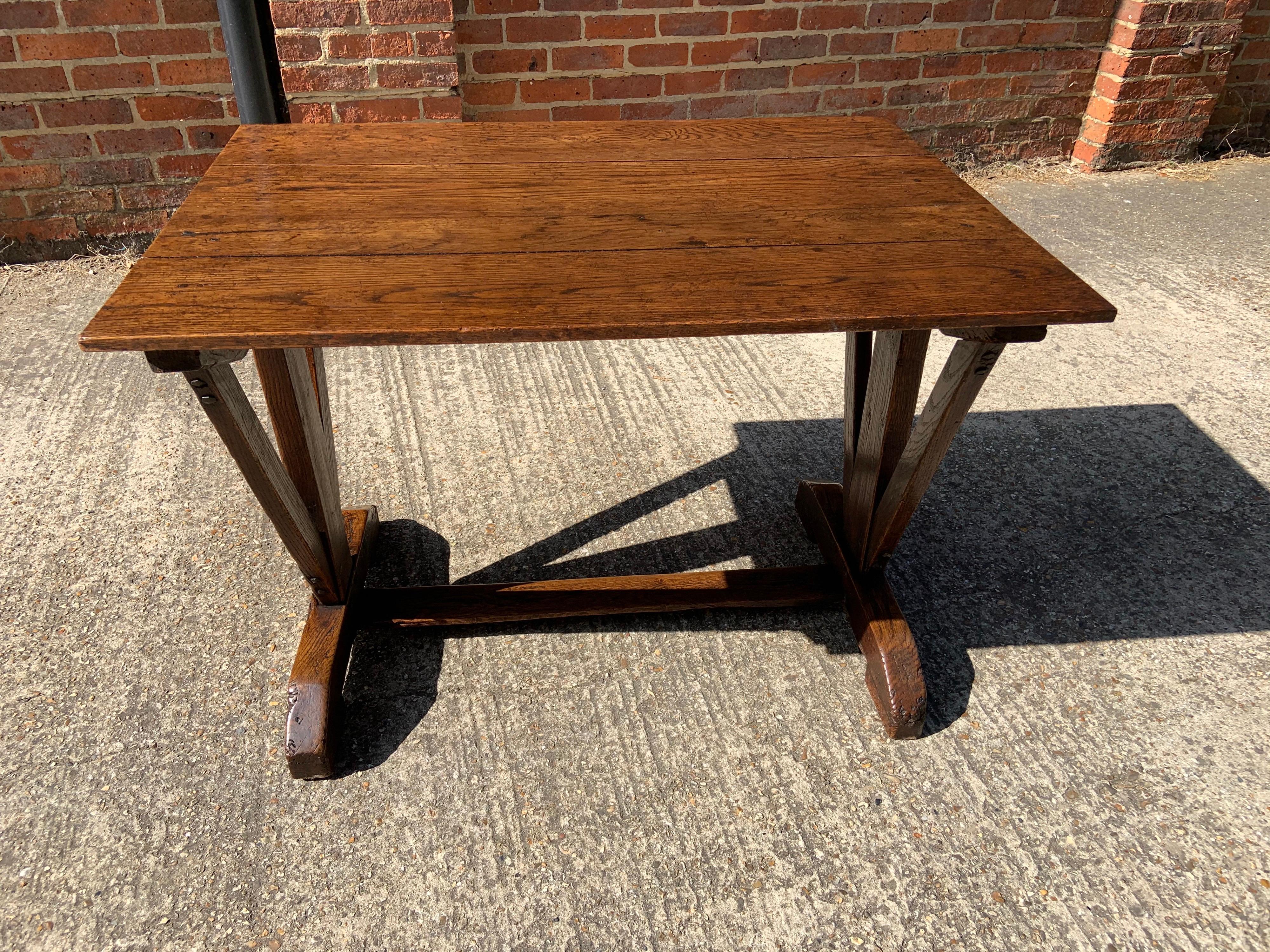 19th Century Antique Oak Trestle Table with Two Half Moon Leaves