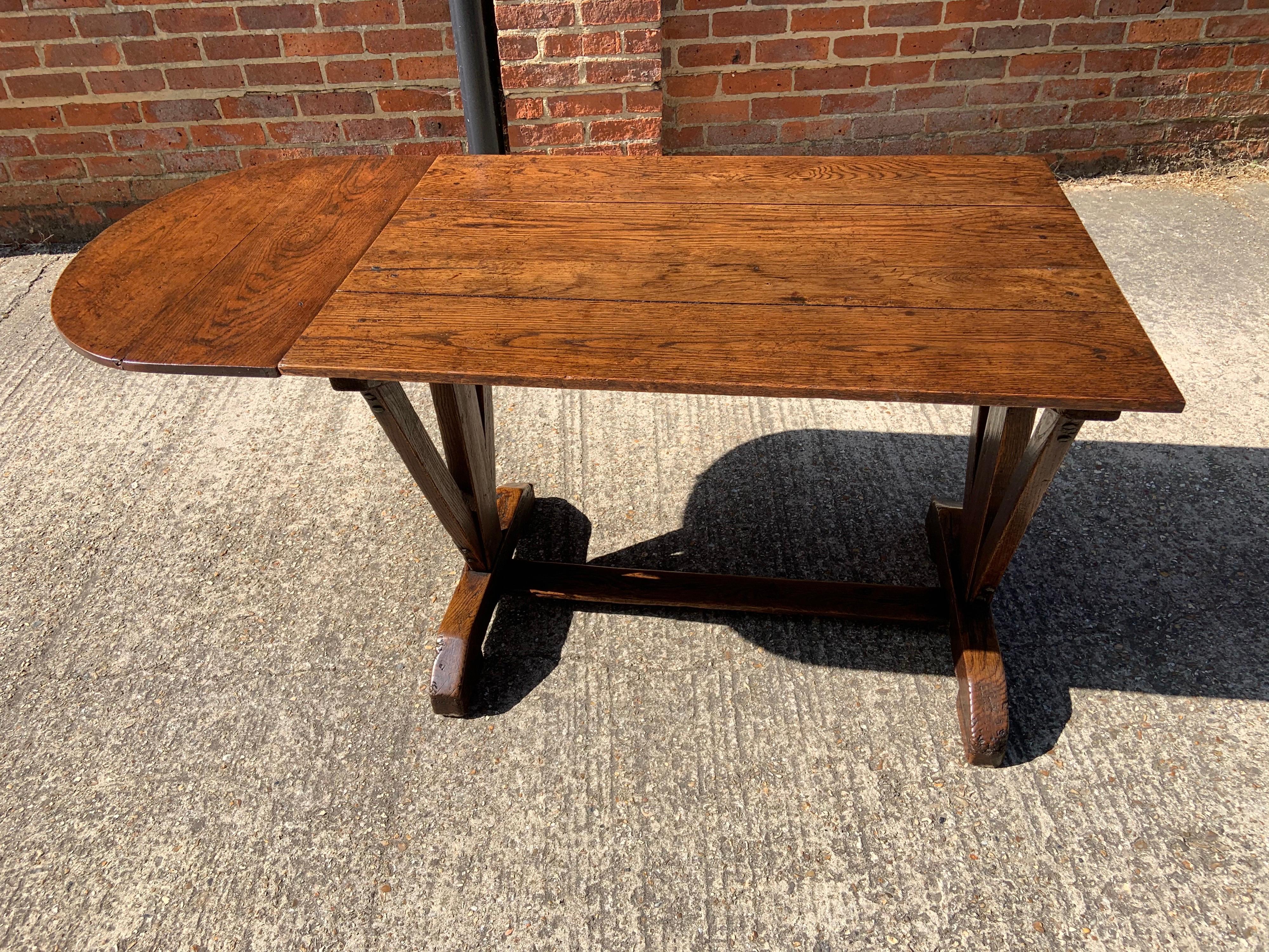 Antique Oak Trestle Table with Two Half Moon Leaves 1