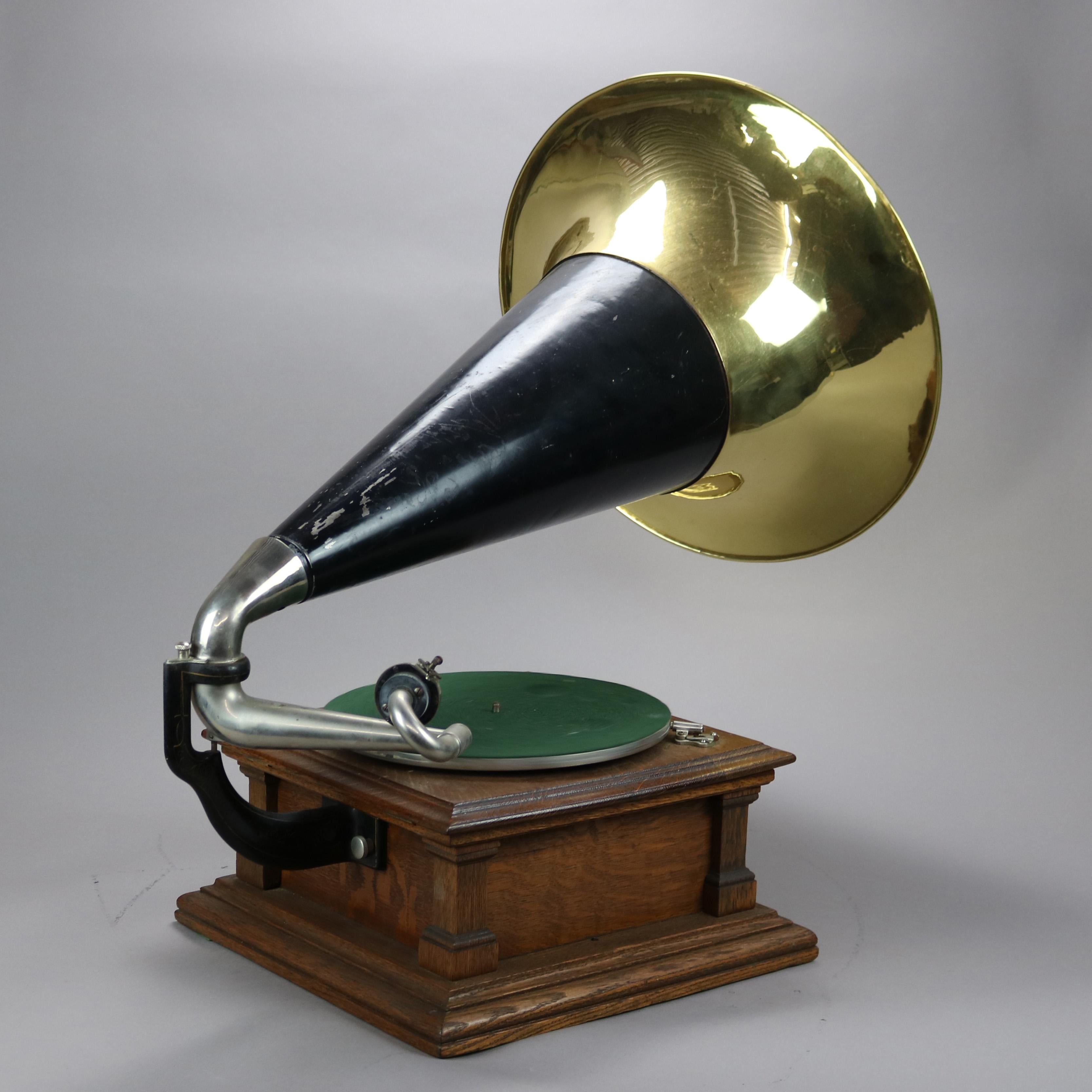 American Antique Oak Victor V (Model Five) Phonograph with Brass Bell Horn c1900