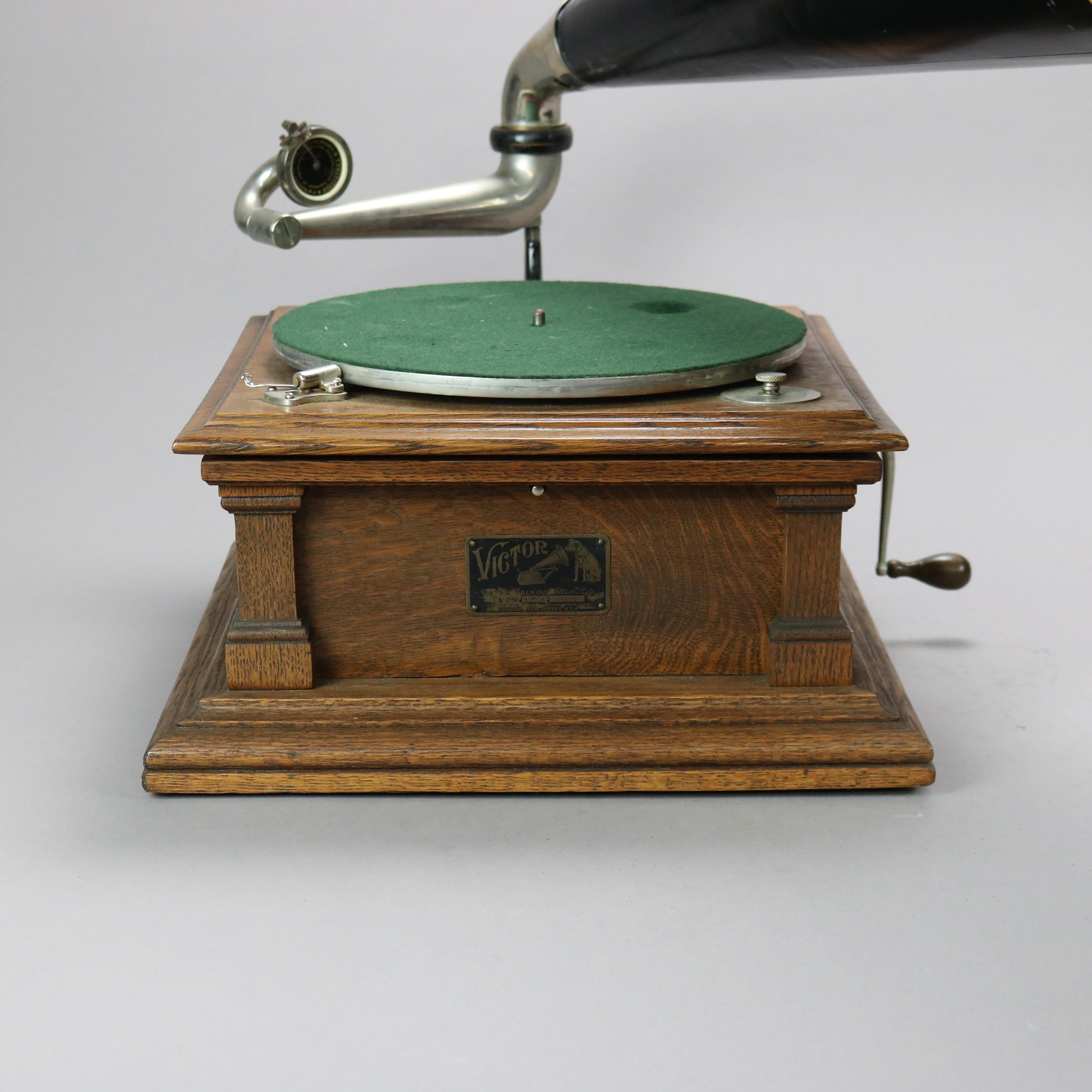 20th Century Antique Oak Victor V (Model Five) Phonograph with Brass Bell Horn c1900