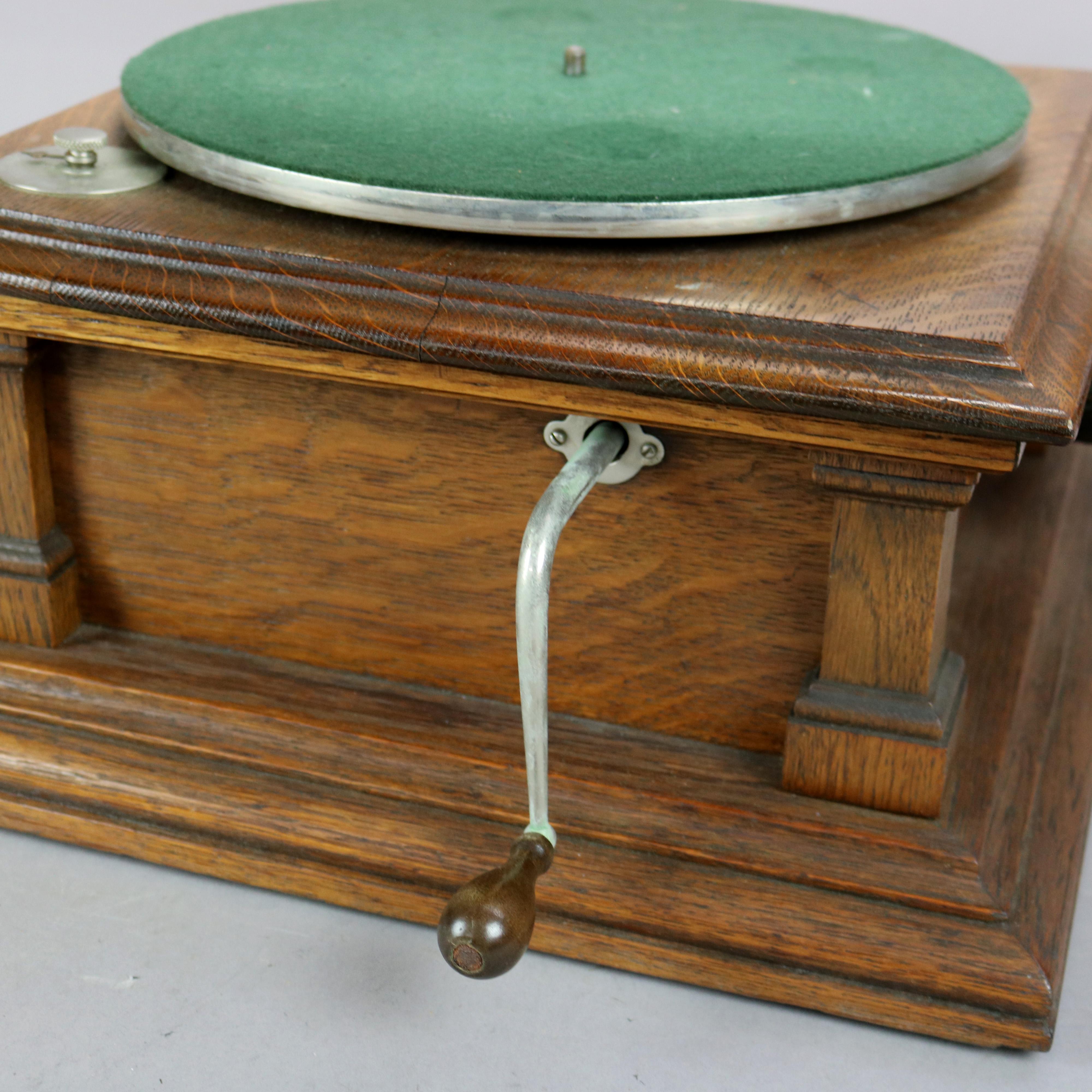 Antique Oak Victor V (Model Five) Phonograph with Brass Bell Horn c1900 1