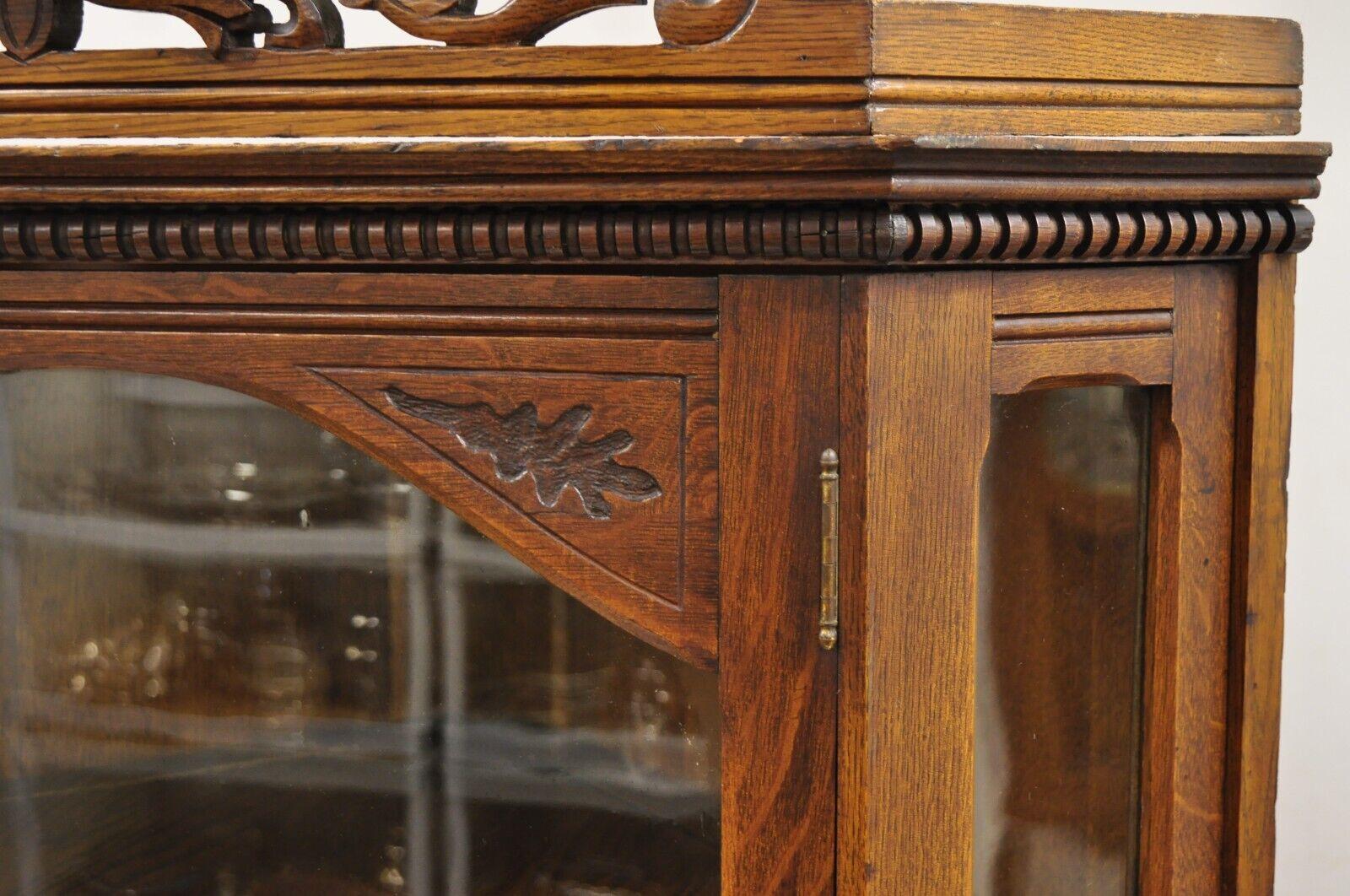 19th Century Antique Oak Victorian Renaissance Glass Door Carved Curio Corner China Cabinet For Sale