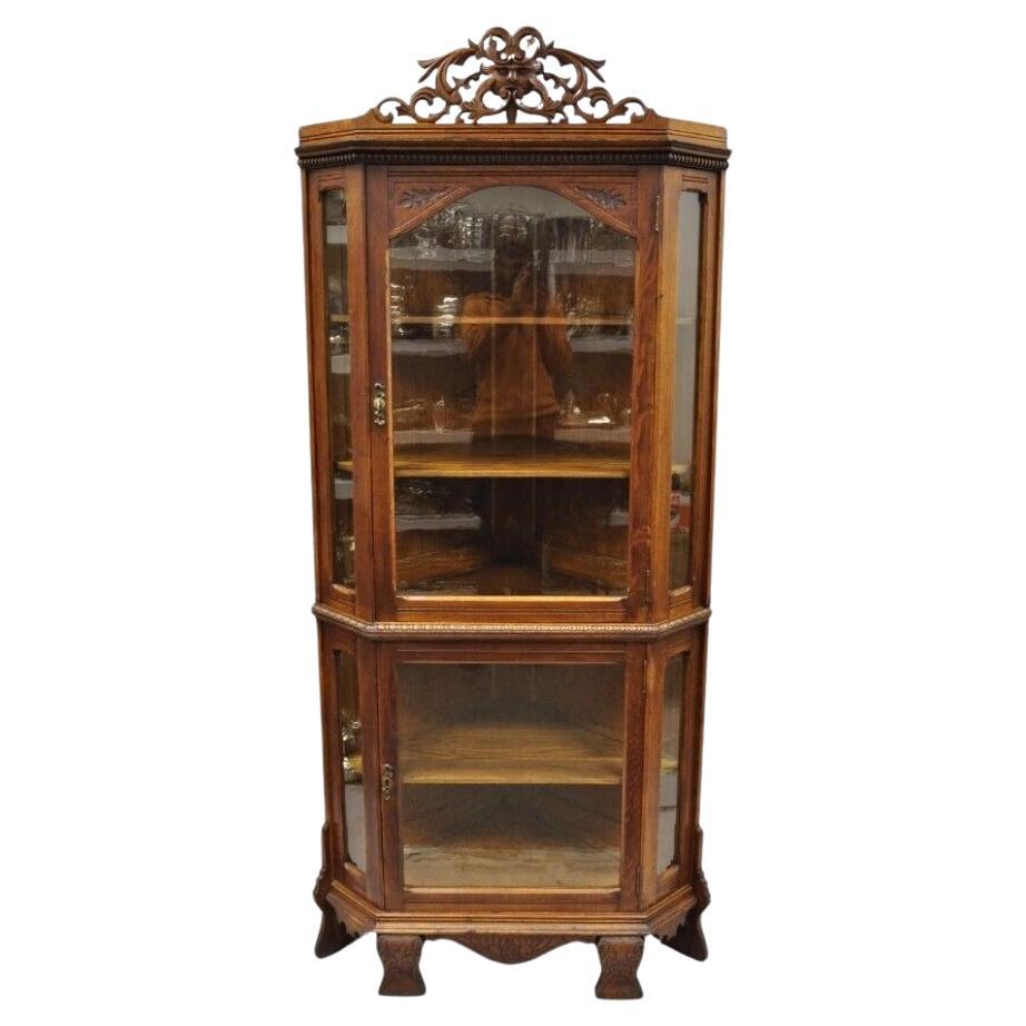 Antique Oak Victorian Renaissance Glass Door Carved Curio Corner China Cabinet For Sale