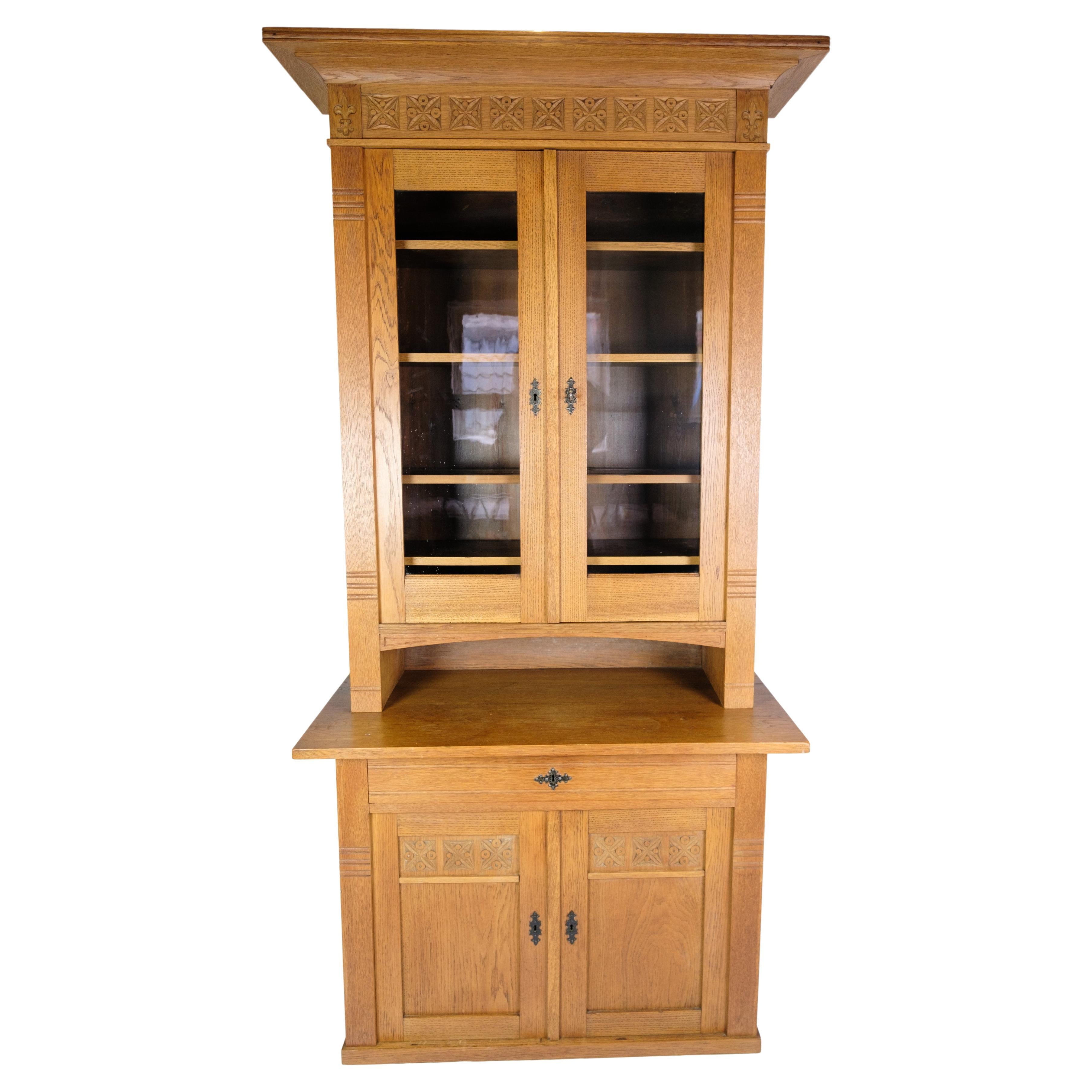 Antique Oak Vitrine Cabinet with Glass Doors and The Original Key from 1880s