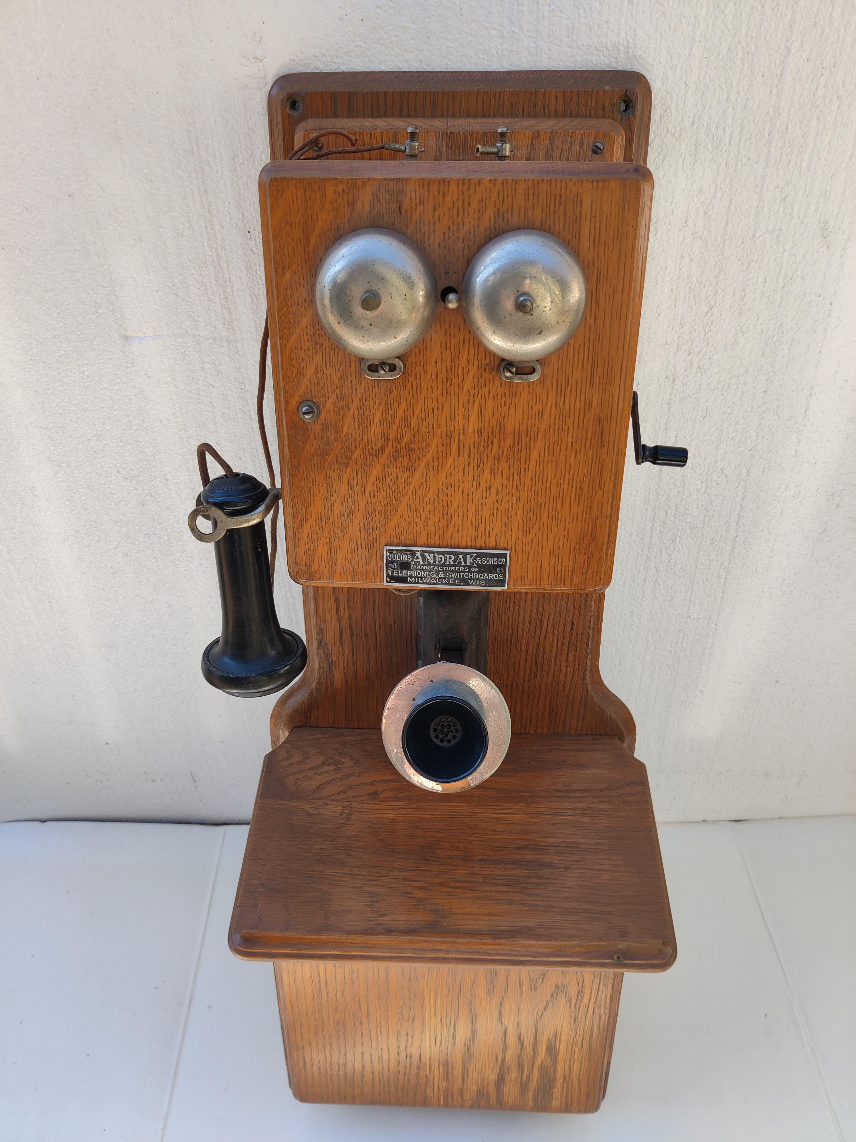 American Antique Oak Wall Phone by Julius Andrae and Sons For Sale