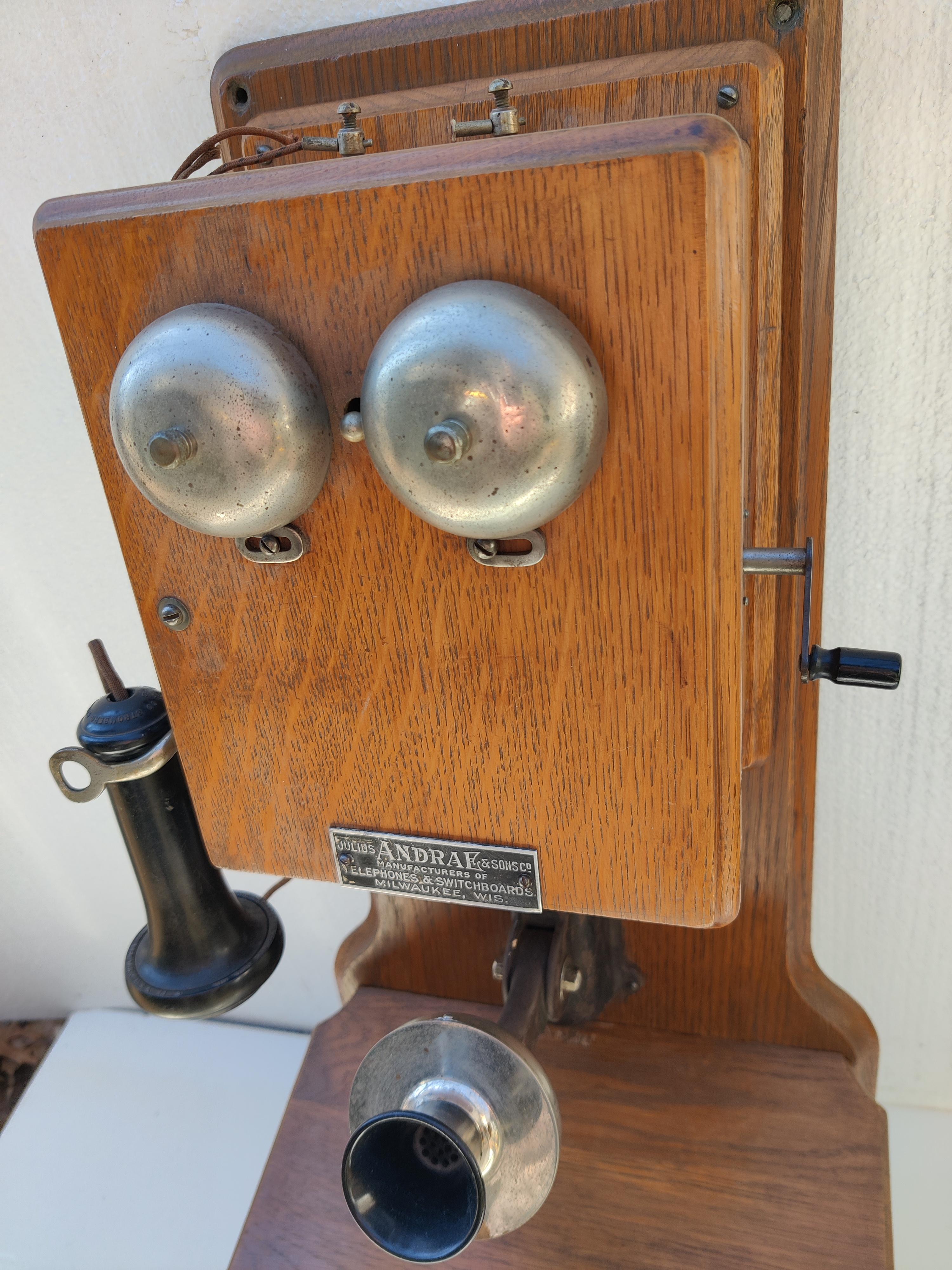 Antique Oak Wall Phone by Julius Andrae and Sons In Good Condition In Cincinnati, OH