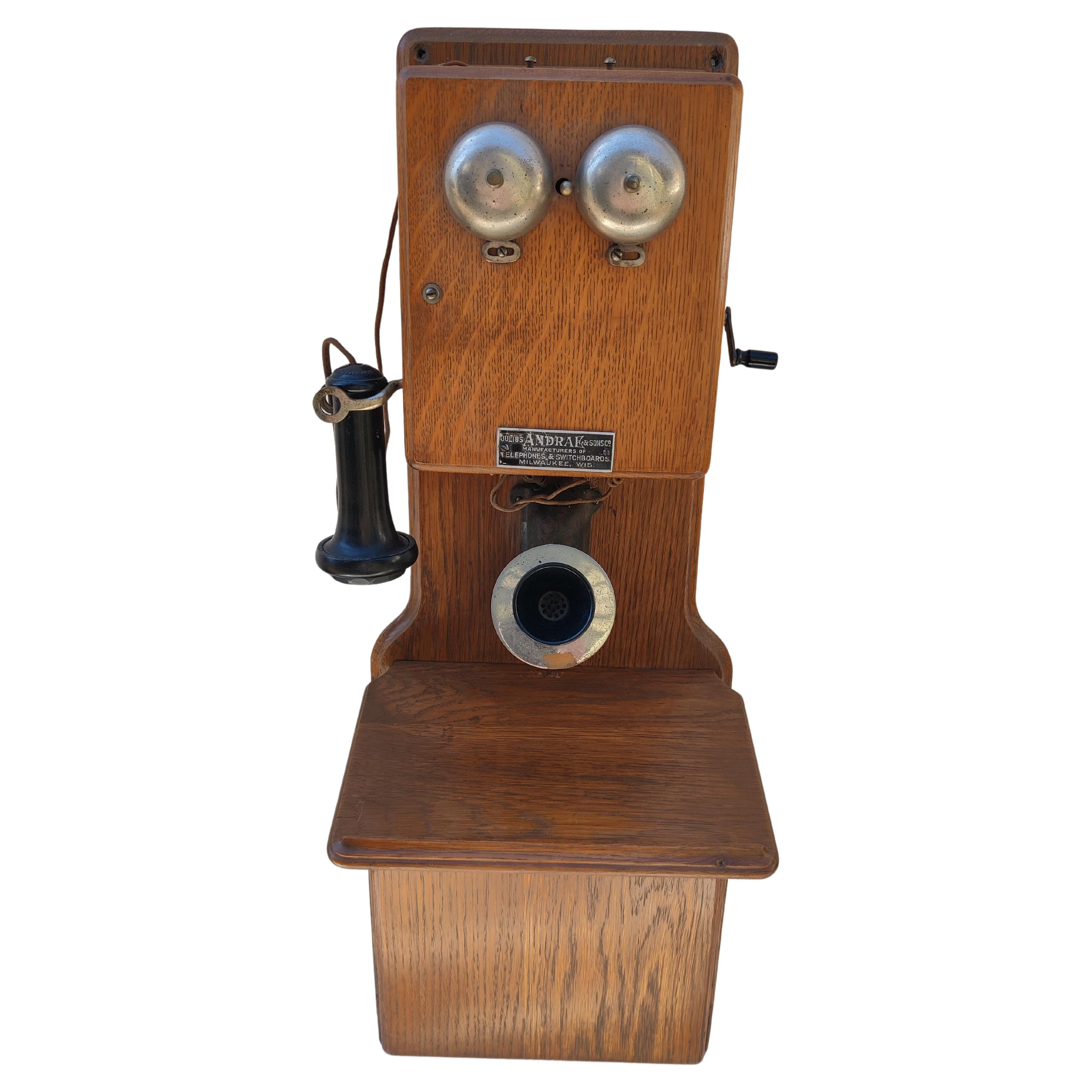 Antique Oak Wall Phone by Julius Andrae and Sons For Sale