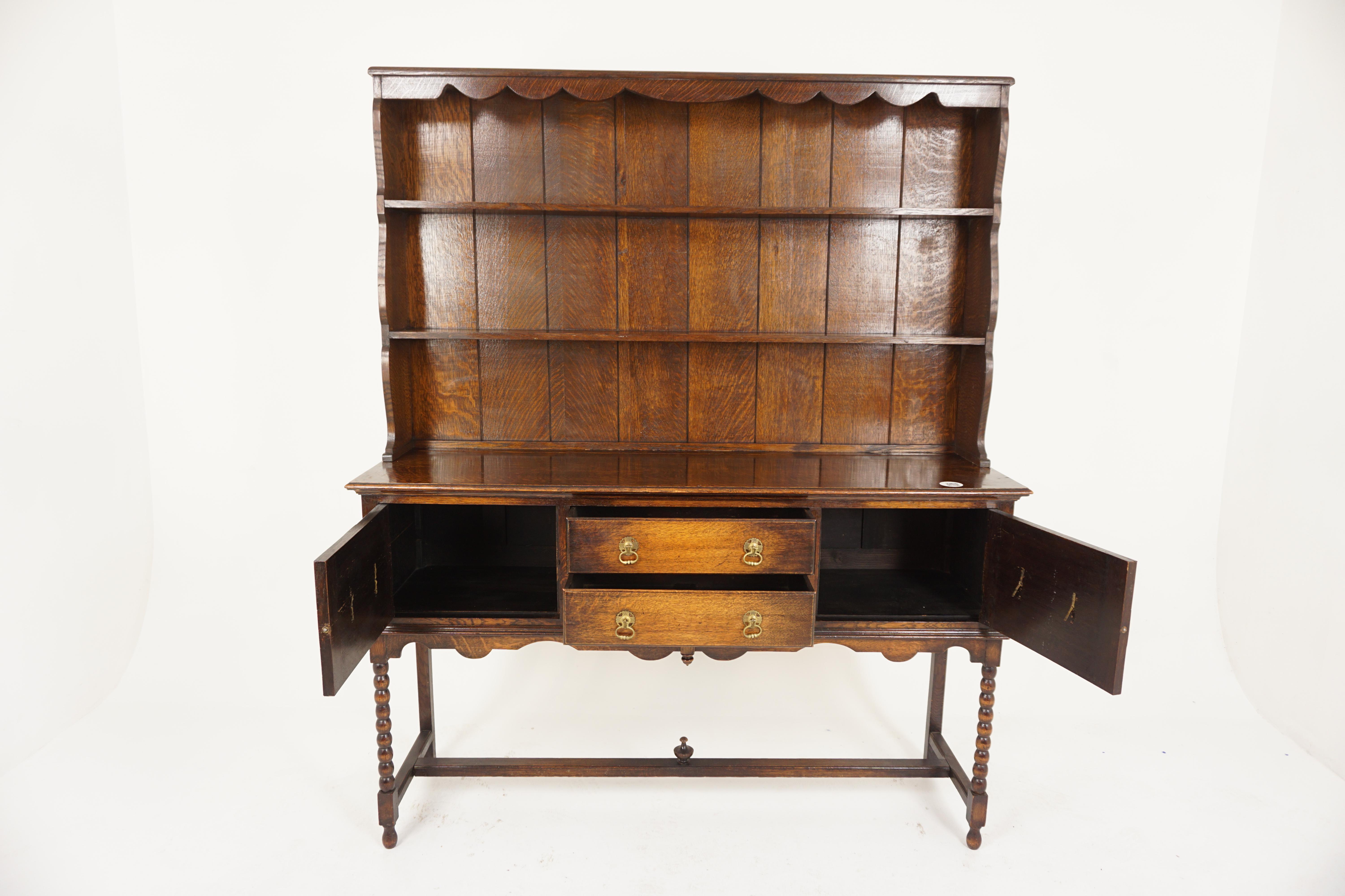 Scottish Antique Oak Welsh Dresser, Sideboard, Buffet + Hutch, Scotland 1920