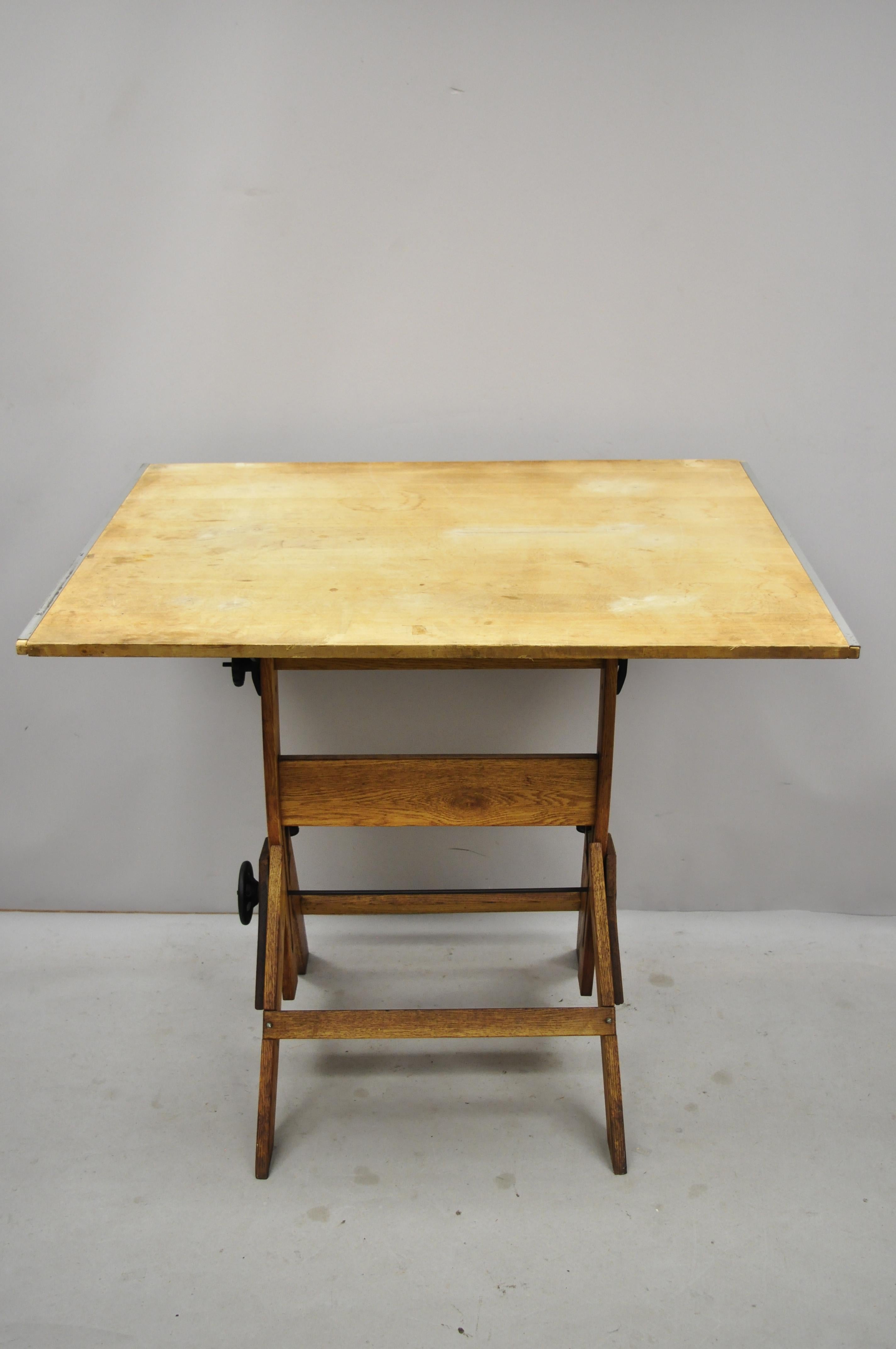 Antique Oak Wood and Cast Iron Adjustable Drafting Work Table Desk 5