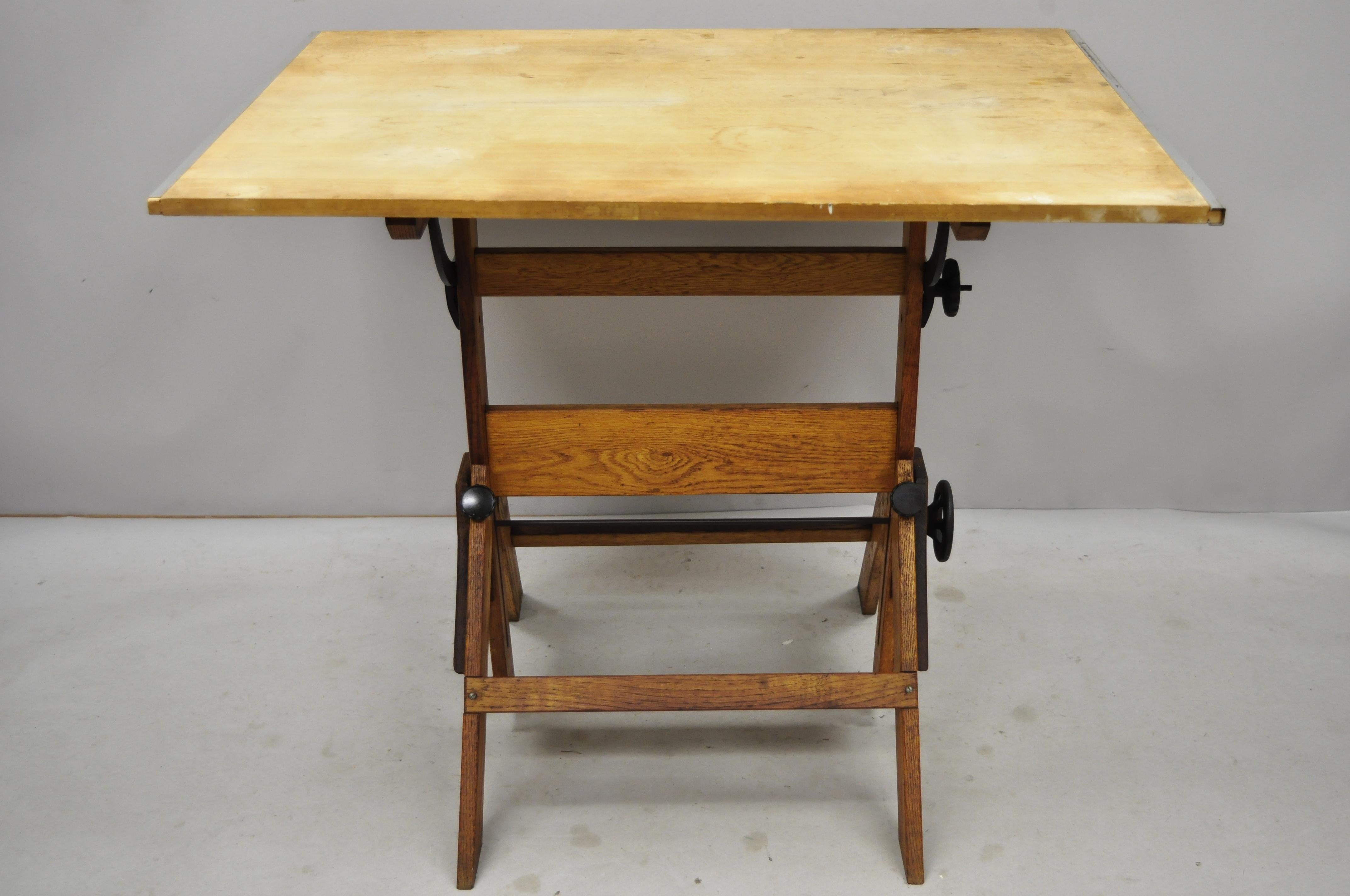 American Colonial Antique Oak Wood and Cast Iron Adjustable Drafting Work Table Desk