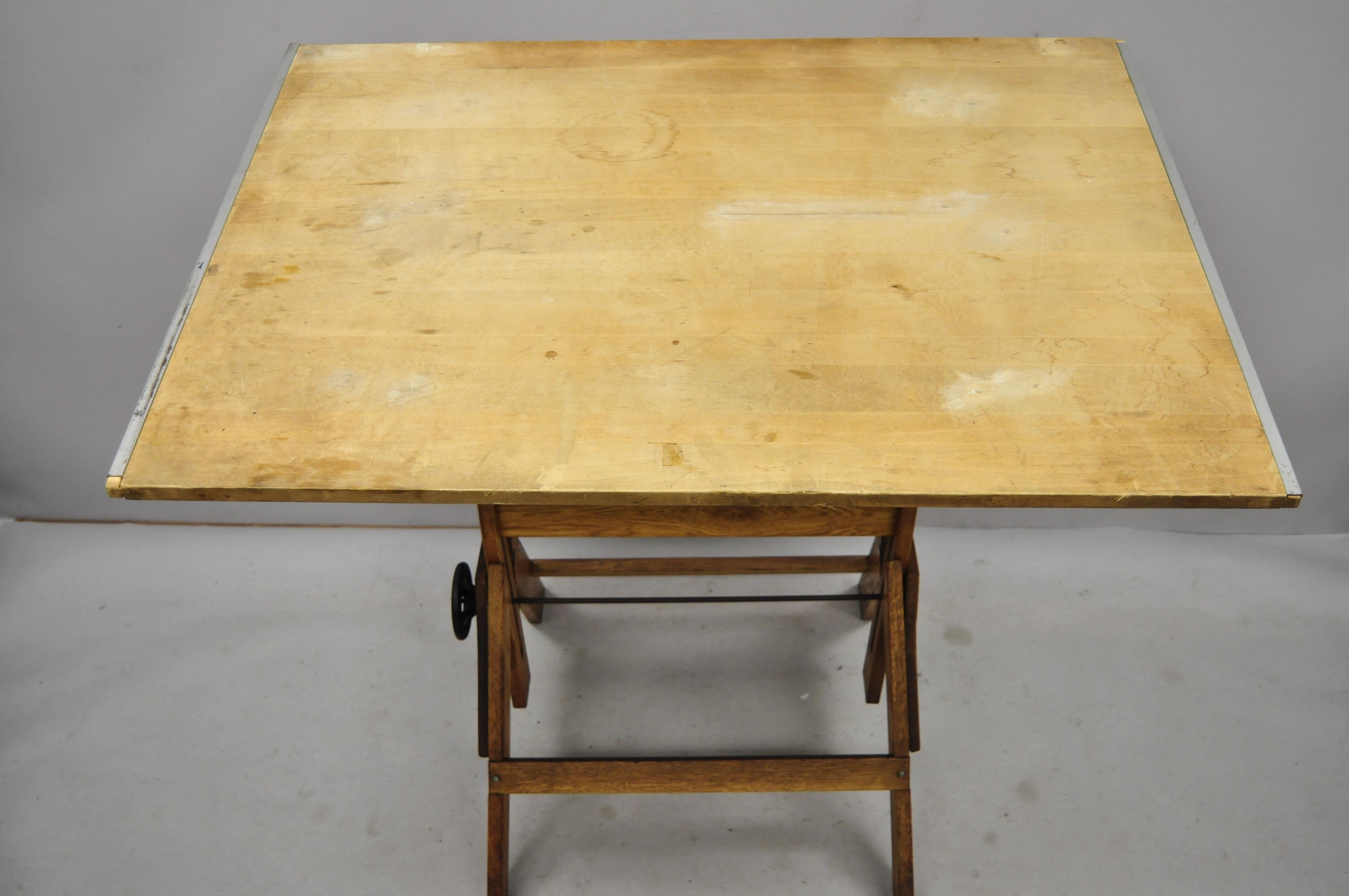 North American Antique Oak Wood and Cast Iron Adjustable Drafting Work Table Desk
